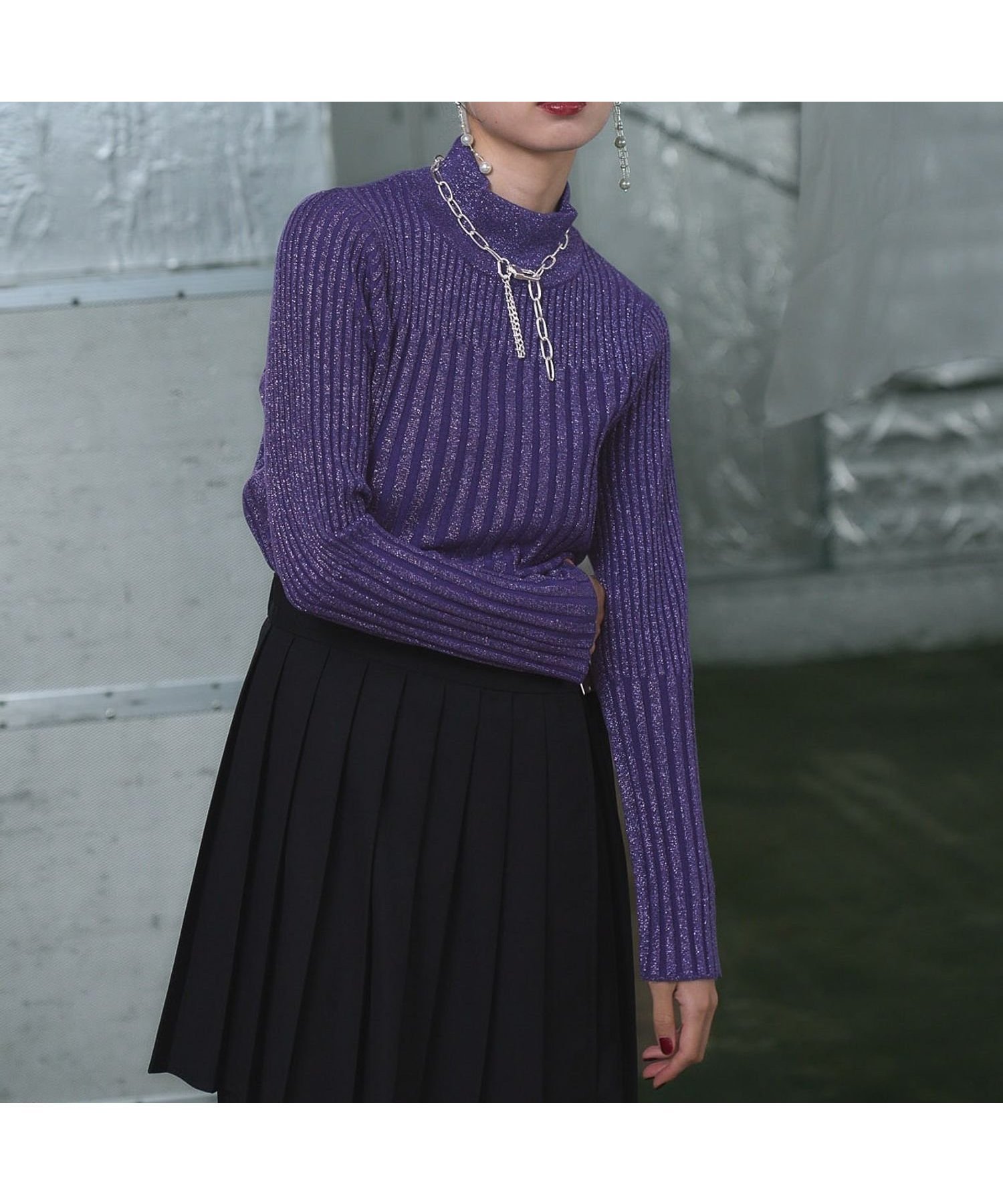 【ハレ/HARE】のラメランダムリブニット インテリア・キッズ・メンズ・レディースファッション・服の通販 founy(ファニー) 　ファッション　Fashion　レディースファッション　Fashion for Women　トップス・カットソー　Cut & Sew Tops　ニット　Knit Tops & Sweaters　おすすめ　Recommended / Our Picks　インナー　Innerwear　ウェーブ　Wavy Pattern　クール　Cool, Chic　ショート　Short, Short Length　ジャケット　Jacket, Outerwear　スウェット / スエット　Sweatshirt, Sweatwear　ストレート　Straight, Straight Cut　ネックレス　Necklace, Pendant Necklace　ハイネック　High Neck, Mock Neck　バランス　Balance, Style Balance　ブロック　Block, Solid Block Pattern　パープル95|ID: prp329100004654372 ipo3291000000034118913