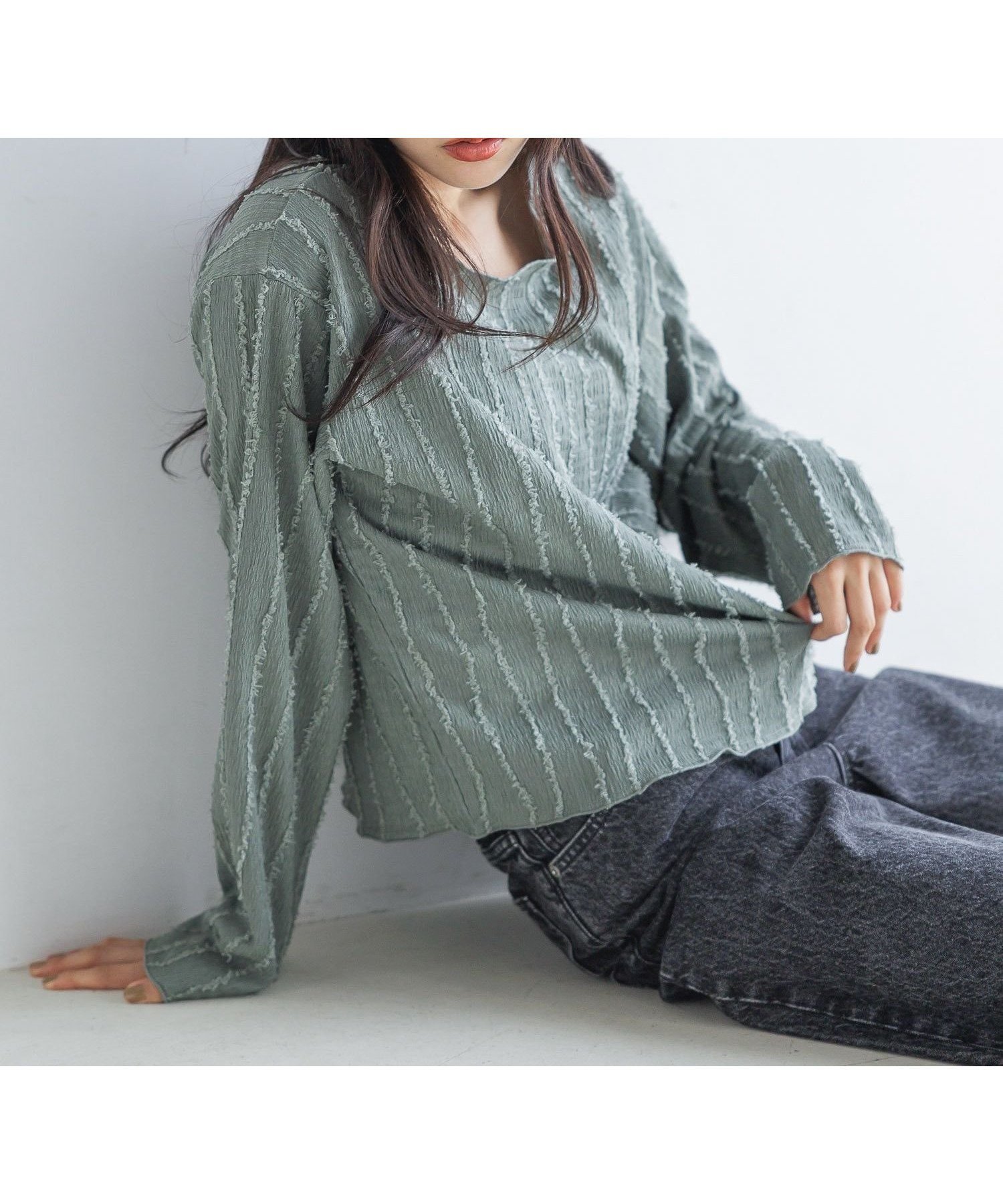 【ローリーズファーム/LOWRYS FARM】のジャガードフリンジLS インテリア・キッズ・メンズ・レディースファッション・服の通販 founy(ファニー) 　ファッション　Fashion　レディースファッション　Fashion for Women　おすすめ　Recommended / Our Picks　インナー　Innerwear　カットソー　Cut and Sewn Top　デニム　Denim, Jeans Material　トレンド　Trend, Trending Now　グリーン75|ID: prp329100004655469 ipo3291000000034007747