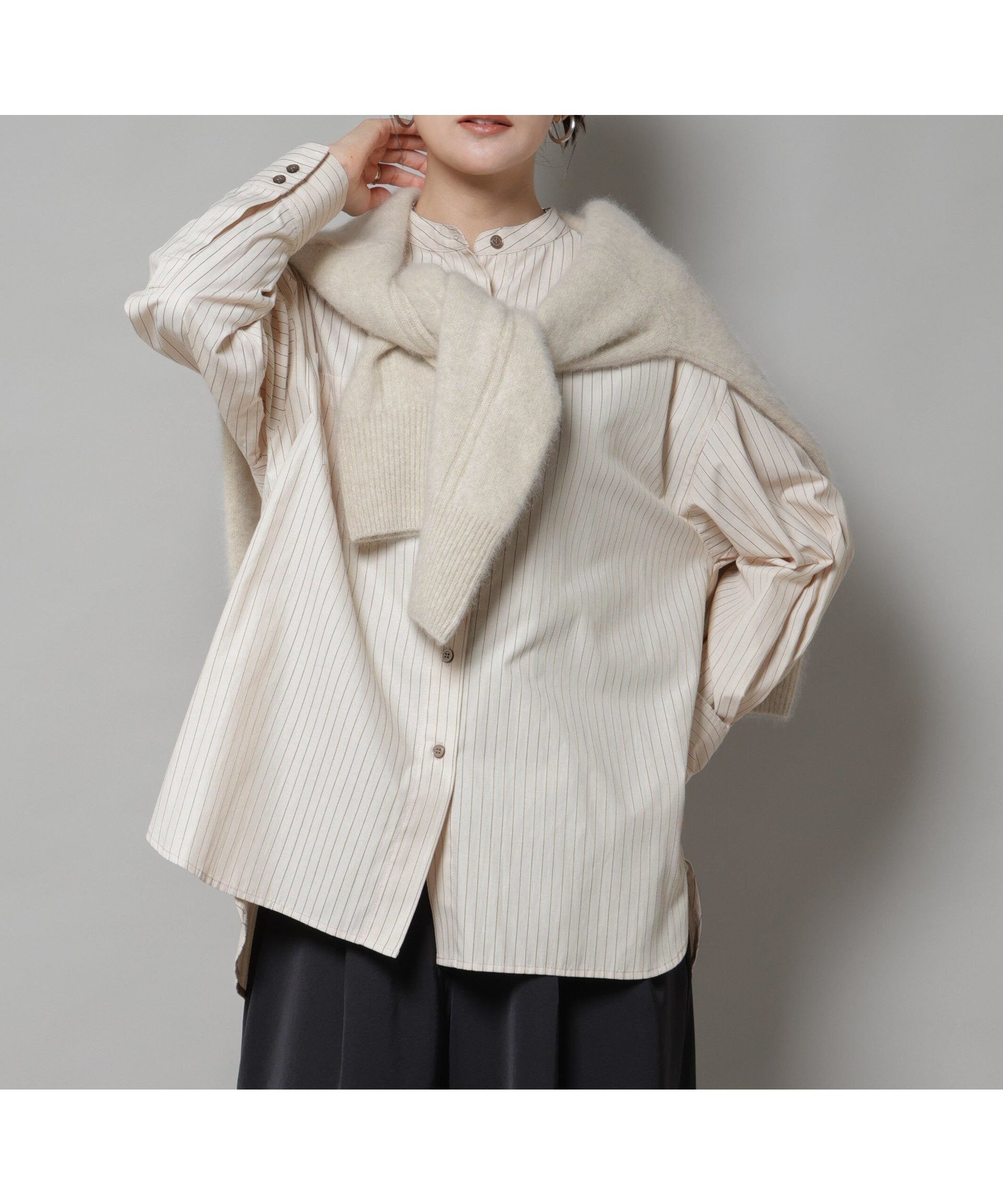 【ナノ ユニバース/nano universe】のスタンドカラーストライプシャツ インテリア・キッズ・メンズ・レディースファッション・服の通販 founy(ファニー) 　ファッション　Fashion　レディースファッション　Fashion for Women　トップス・カットソー　Cut & Sew Tops　シャツ・ブラウス・オフィスカジュアル　Elegant Blouses & Button-Ups　インナー　Innerwear　ジャケット　Jacket, Outerwear　スウェット / スエット　Sweatshirt, Sweatwear　ストライプ　Stripe, Striped Pattern　リラックス　Relax, Relaxed Fit　エレガント 上品　Elegant　2025年　2025　2025-2026秋冬・A/W　Autumn/Winter 2025–26 AW25–26　ベージュ|ID: prp329100004655824 ipo3291000000033674814