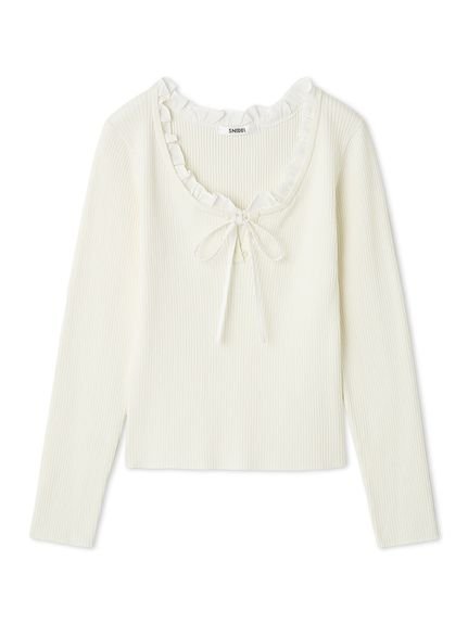 【スナイデル/SNIDEL】のフリルドッキングニットプルオーバー 人気、トレンドファッション・服の通販 founy(ファニー) 　ファッション　Fashion　レディースファッション　Fashion for Women　トップス・カットソー　Cut & Sew Tops　ニット　Knit Tops & Sweaters　カジュアルプルオーバー・ニットトップス　Pullovers & Knit Tops / Casual Pullovers　ウェーブ　Wavy Pattern　カーディガン　Cardigan, Knitwear　コンパクト　Compact, Small Size　ストレート　Straight, Straight Cut　デニム　Denim, Jeans Material　ドッキング　Docking, Mixed Material　フェミニン　Feminine, Girly　フリル　Frill, Ruffle　リブニット　Rib Knit, Ribbed Knit　リボン　Ribbon, Bow　おすすめ　Recommended / Our Picks　 other-1|ID: prp329100004656030 ipo3291000000033677021