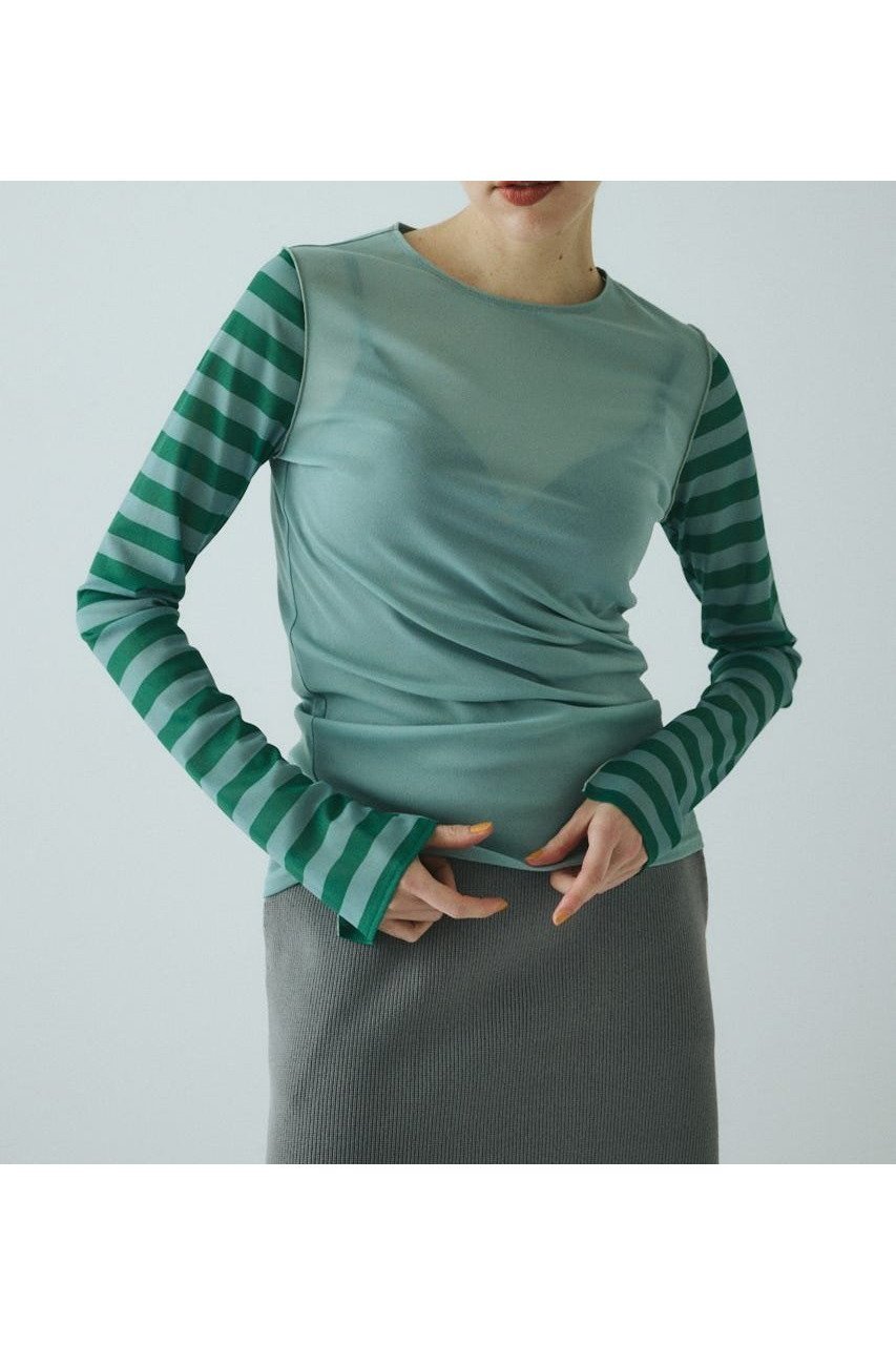 【ヘリンドットサイ/HeRIN.CYE】のBorder sleeve mesh inner tops インテリア・キッズ・メンズ・レディースファッション・服の通販 founy(ファニー) 　ファッション　Fashion　レディースファッション　Fashion for Women　トップス・カットソー　Cut & Sew Tops　インナー　Innerwear　ボーダー　Border, Stripe　メッシュ　Mesh, Net Fabric　定番　Standard, Basic Item　柄GRN5|ID: prp329100004656149 ipo3291000000033912443