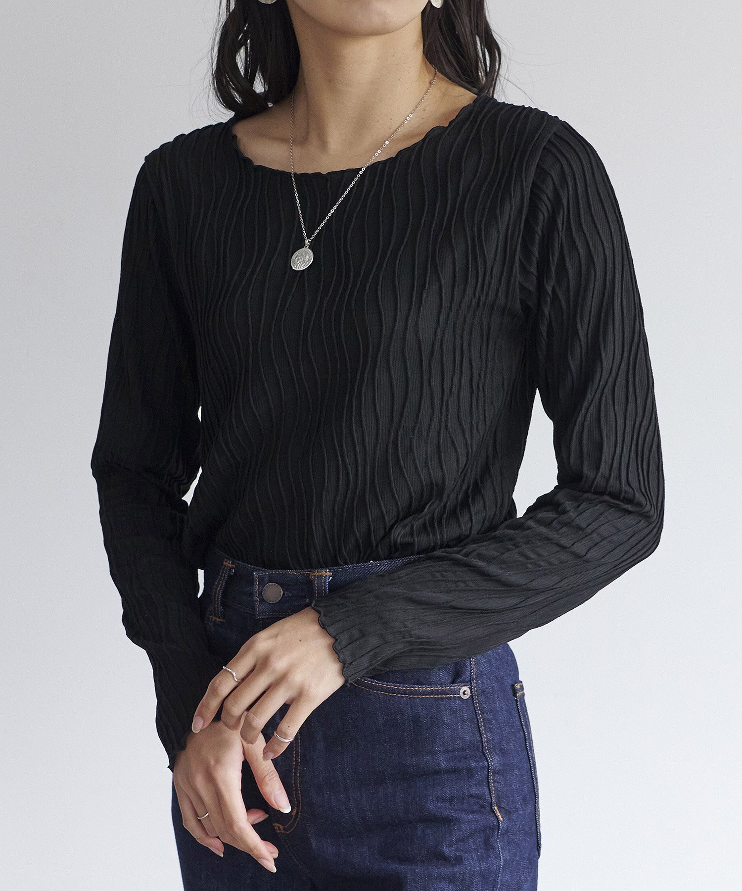 【リラクロ/relaclo】のmitis/ウェーブジャガード クルーネックロンT インテリア・キッズ・メンズ・レディースファッション・服の通販 founy(ファニー) 　ファッション　Fashion　レディースファッション　Fashion for Women　トップス・カットソー　Cut & Sew Tops　ロングTシャツ・Tシャツ　Longline T-Shirts & Tees　キャミソール　Camisole, Spaghetti Strap Top　スリーブ　Sleeve, Long Sleeve / Short Sleeve　テクスチャー　Texture, Textured Fabric　ミックス　Mix, Mixed Style　ロング　Long, Long-Length　ブラック|ID: prp329100004657906 ipo3291000000033724077