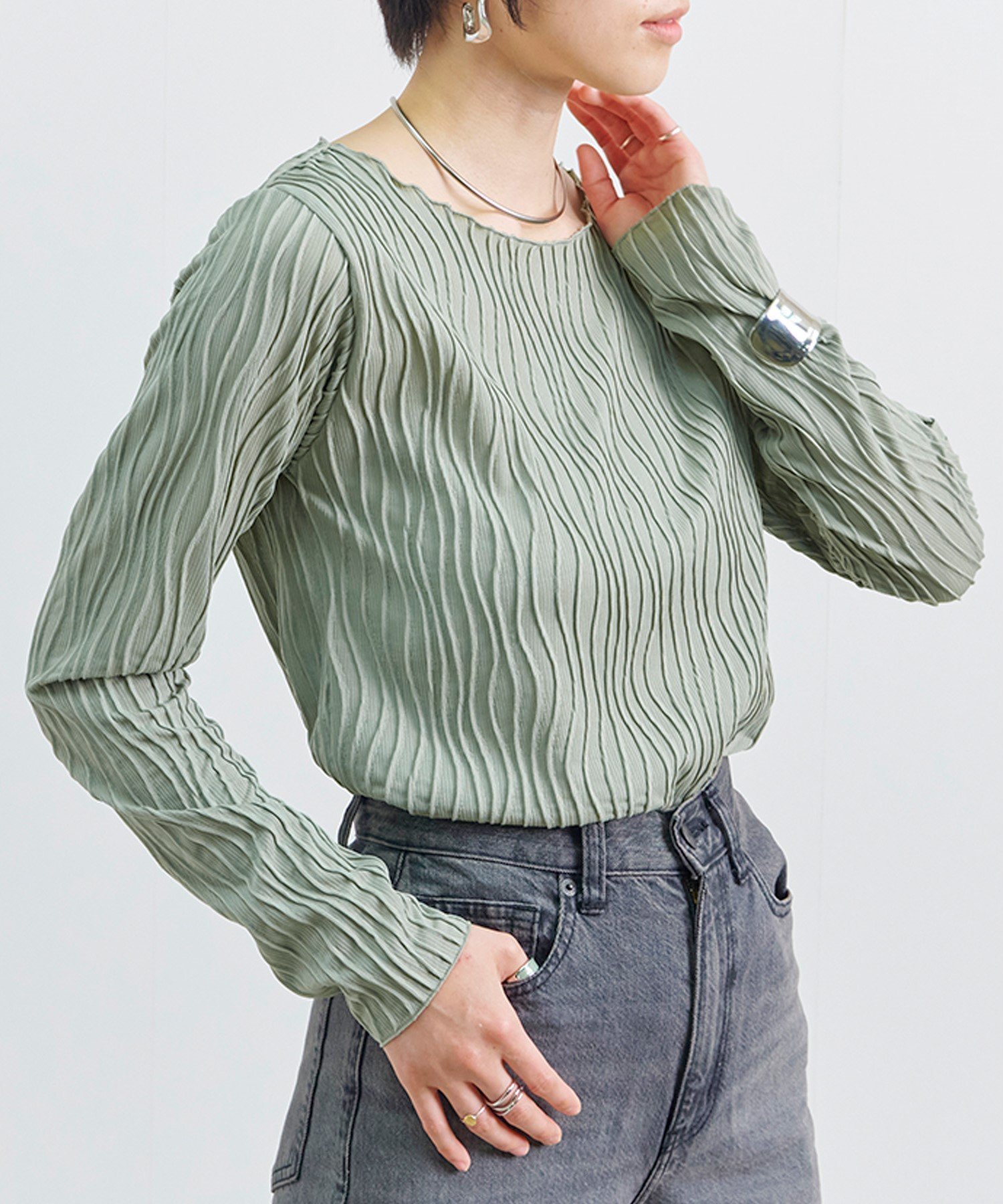 【リラクロ/relaclo】のmitis/ウェーブジャガード クルーネックロンT インテリア・キッズ・メンズ・レディースファッション・服の通販 founy(ファニー) 　ファッション　Fashion　レディースファッション　Fashion for Women　トップス・カットソー　Cut & Sew Tops　ロングTシャツ・Tシャツ　Longline T-Shirts & Tees　キャミソール　Camisole, Spaghetti Strap Top　スリーブ　Sleeve, Long Sleeve / Short Sleeve　テクスチャー　Texture, Textured Fabric　ミックス　Mix, Mixed Style　ロング　Long, Long-Length　グリーン|ID: prp329100004657906 ipo3291000000033724078