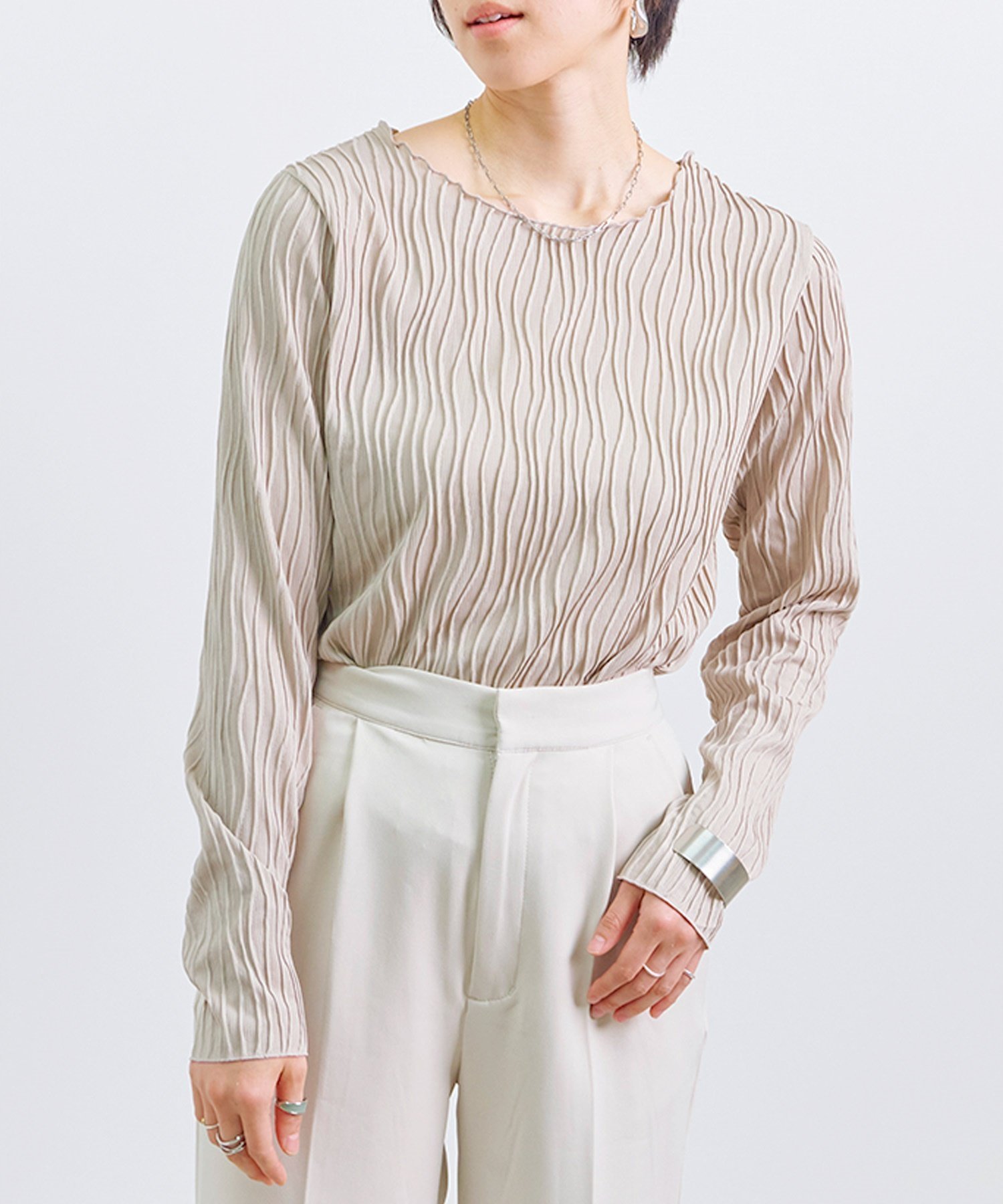 【リラクロ/relaclo】のmitis/ウェーブジャガード クルーネックロンT インテリア・キッズ・メンズ・レディースファッション・服の通販 founy(ファニー) 　ファッション　Fashion　レディースファッション　Fashion for Women　トップス・カットソー　Cut & Sew Tops　ロングTシャツ・Tシャツ　Longline T-Shirts & Tees　キャミソール　Camisole, Spaghetti Strap Top　スリーブ　Sleeve, Long Sleeve / Short Sleeve　テクスチャー　Texture, Textured Fabric　ミックス　Mix, Mixed Style　ロング　Long, Long-Length　グレージュ|ID: prp329100004657906 ipo3291000000033724079