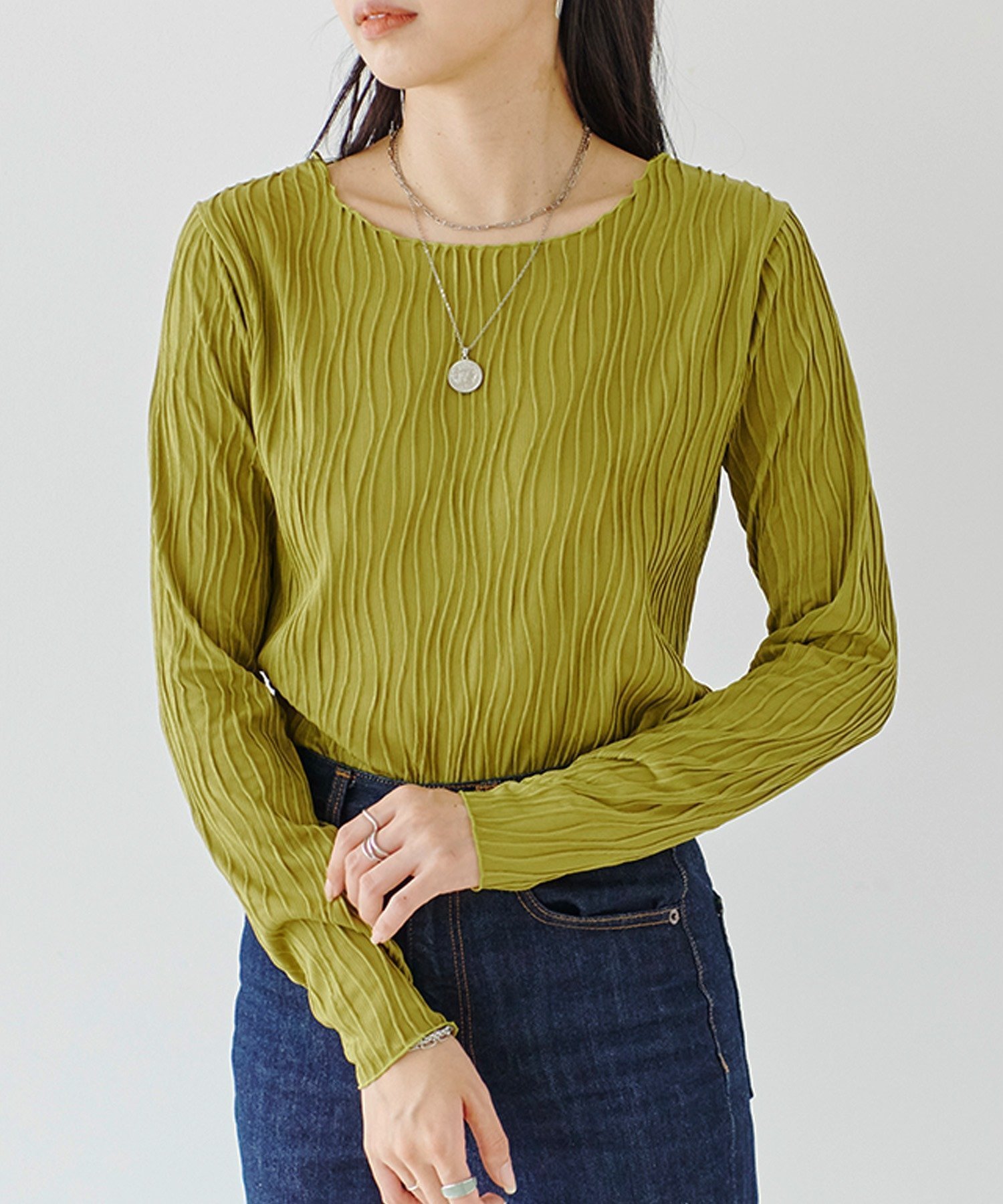【リラクロ/relaclo】のmitis/ウェーブジャガード クルーネックロンT インテリア・キッズ・メンズ・レディースファッション・服の通販 founy(ファニー) 　ファッション　Fashion　レディースファッション　Fashion for Women　トップス・カットソー　Cut & Sew Tops　ロングTシャツ・Tシャツ　Longline T-Shirts & Tees　キャミソール　Camisole, Spaghetti Strap Top　スリーブ　Sleeve, Long Sleeve / Short Sleeve　テクスチャー　Texture, Textured Fabric　ミックス　Mix, Mixed Style　ロング　Long, Long-Length　マスタード|ID: prp329100004657906 ipo3291000000033724080