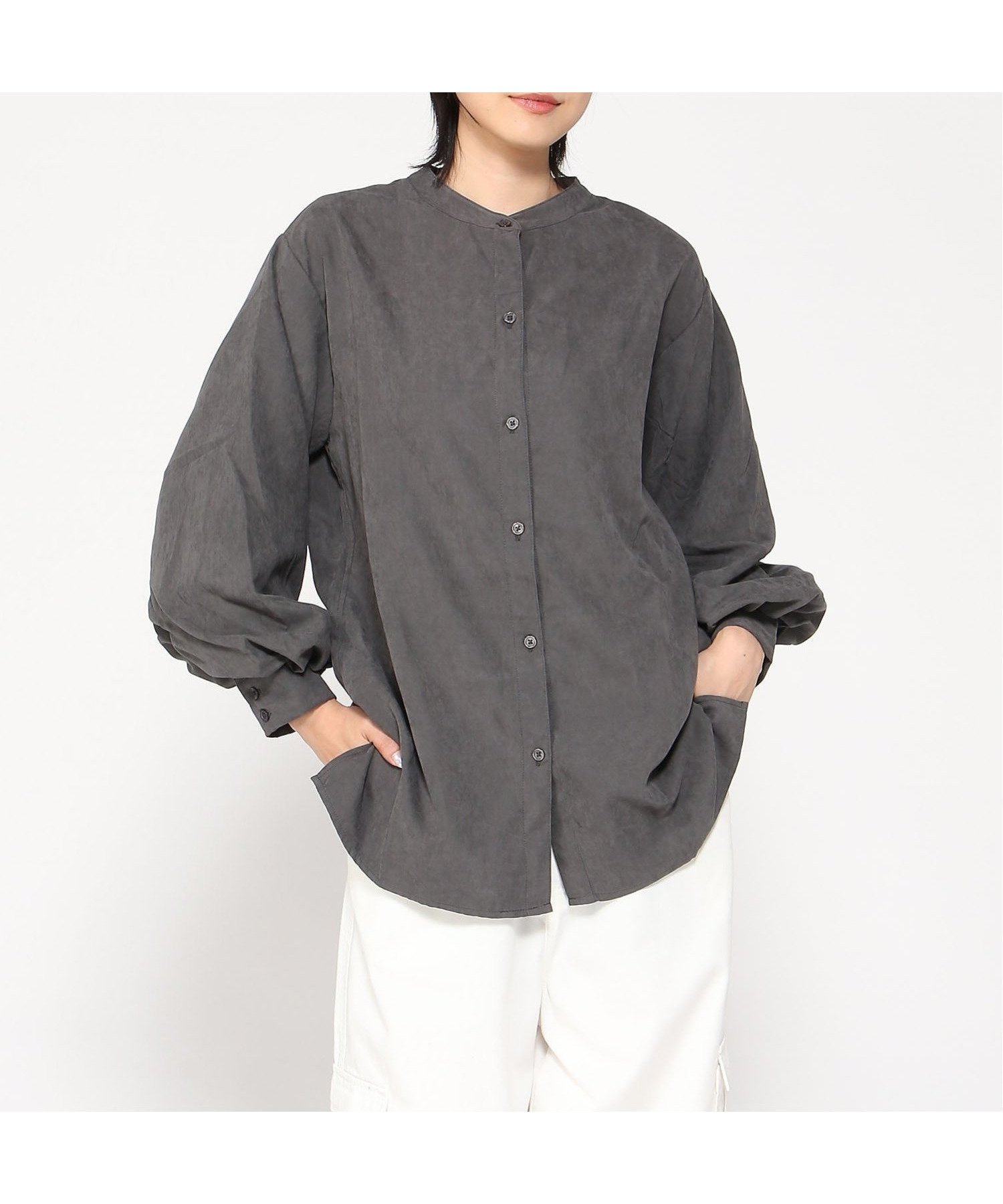 【ジーンズメイト/JEANS MATE】のC-FORT POINT/ノーカラー ボリューム チュニック インテリア・キッズ・メンズ・レディースファッション・服の通販 founy(ファニー) 　ファッション　Fashion　レディースファッション　Fashion for Women　トップス・カットソー　Cut & Sew Tops　おすすめ　Recommended / Our Picks　スキニー　Skinny, Slim Fit　チュニック　Tunic, Long Top　ピーチ　Peach, Soft Touch　ワイド　Wide, Wide Fit　チャコールグレー|ID: prp329100004657931 ipo3291000000033827174