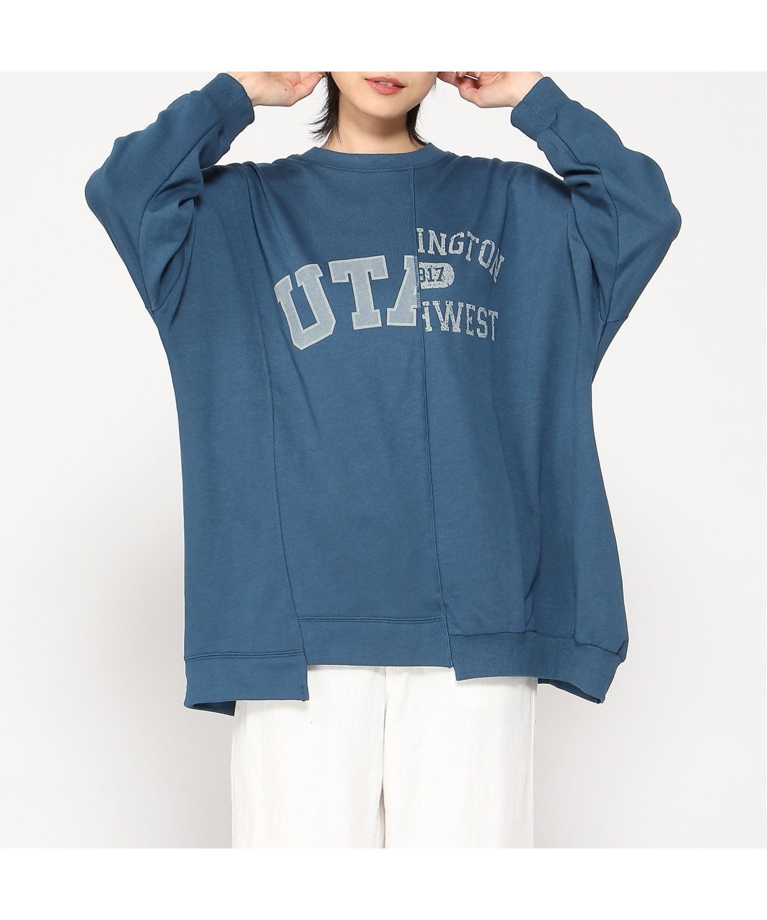 【ジーンズメイト/JEANS MATE】のC-FORT POINT/裏毛 リメイク風 チュニック インテリア・キッズ・メンズ・レディースファッション・服の通販 founy(ファニー) 　ファッション　Fashion　レディースファッション　Fashion for Women　トップス・カットソー　Cut & Sew Tops　グラフィック　Graphic, Graphic Design　チュニック　Tunic, Long Top　トレーナー　Sweatshirt, Trainer　ビッグ　Big, Oversized　フロント　Front, Front Design　リメイク　Remake, Reconstructed　ブルー|ID: prp329100004657934 ipo3291000000033827197