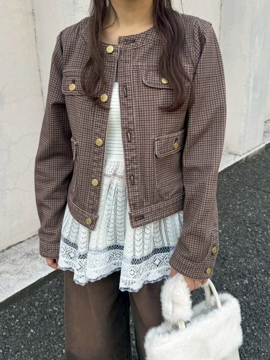 【リリーブラウン/Lily Brown】の【限定カラー】ノーカラークラシカルデニムジャケット インテリア・キッズ・メンズ・レディースファッション・服の通販 founy(ファニー) 　ファッション　Fashion　レディースファッション　Fashion for Women　アウター　Coat / Outerwear Collection　レディースジャケット・軽アウター　Jackets　デニムジャケット / カジュアルアウター　Denim Jackets　おすすめ　Recommended / Our Picks　インディゴ　Indigo Denim　コンパクト　Compact, Small Size　スマート　Smart, Elegant　セットアップ　Set-Up, Coordinated Outfit　チェック　Check, Plaid, Tartan　デニム　Denim, Jeans Material　フェミニン　Feminine, Girly　フリンジ　Fringe, Tassel　プリント　Print, Printed Pattern　CHECK[931]|ID: prp329100004658439 ipo3291000000033956557