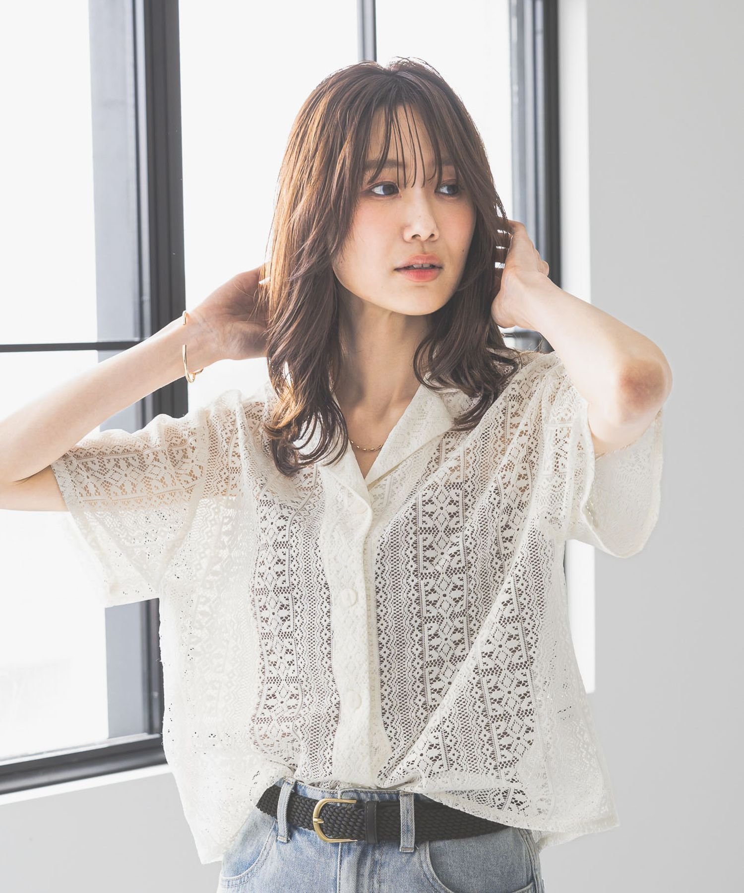 【グローバルワーク/GLOBAL WORK】のレースシャツ半袖/494043 インテリア・キッズ・メンズ・レディースファッション・服の通販 founy(ファニー) 　ファッション　Fashion　レディースファッション　Fashion for Women　トップス・カットソー　Cut & Sew Tops　シャツ・ブラウス・オフィスカジュアル　Elegant Blouses & Button-Ups　おすすめ　Recommended / Our Picks　インナー　Innerwear　ストライプ　Stripe, Striped Pattern　デニム　Denim, Jeans Material　トレンド　Trend, Trending Now　レース　Lace, Lace Fabric　半袖　Short Sleeve, Half Sleeve　アイボリー08|ID: prp329100004659194 ipo3291000000033720541