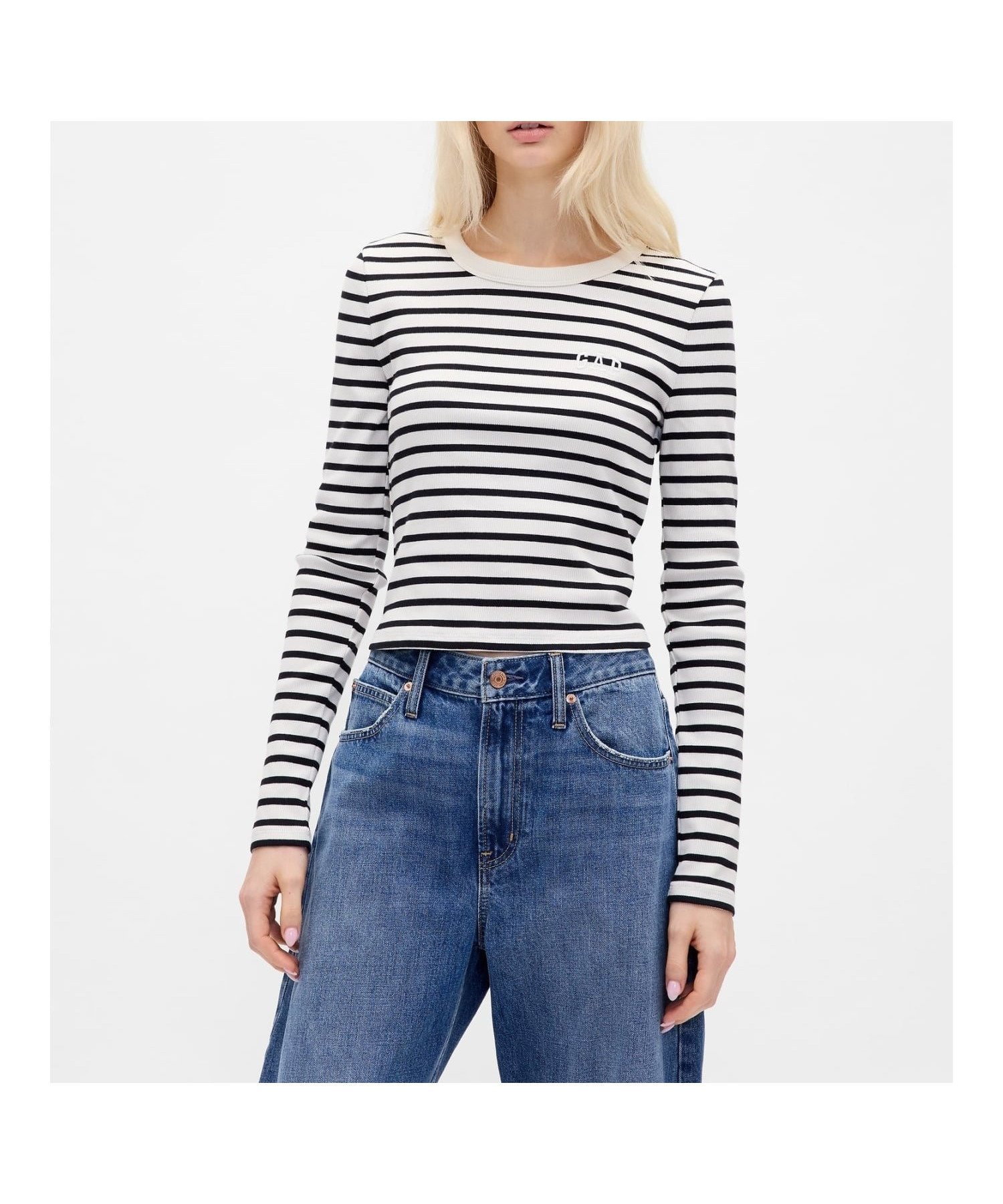 【ギャップ/GAP】のリブ クロップド クルーネックTシャツ インテリア・キッズ・メンズ・レディースファッション・服の通販 founy(ファニー) 　ファッション　Fashion　レディースファッション　Fashion for Women　トップス・カットソー　Cut & Sew Tops　シャツ・ブラウス・オフィスカジュアル　Elegant Blouses & Button-Ups　ロングTシャツ・Tシャツ　Longline T-Shirts & Tees　クロップド　Cropped, Short Length　ショート　Short, Short Length　ストレート　Straight, Straight Cut　長袖　Long Sleeve, Full Sleeve　BLACK_CHINO_STRIPE|ID: prp329100004659325 ipo3291000000033721143