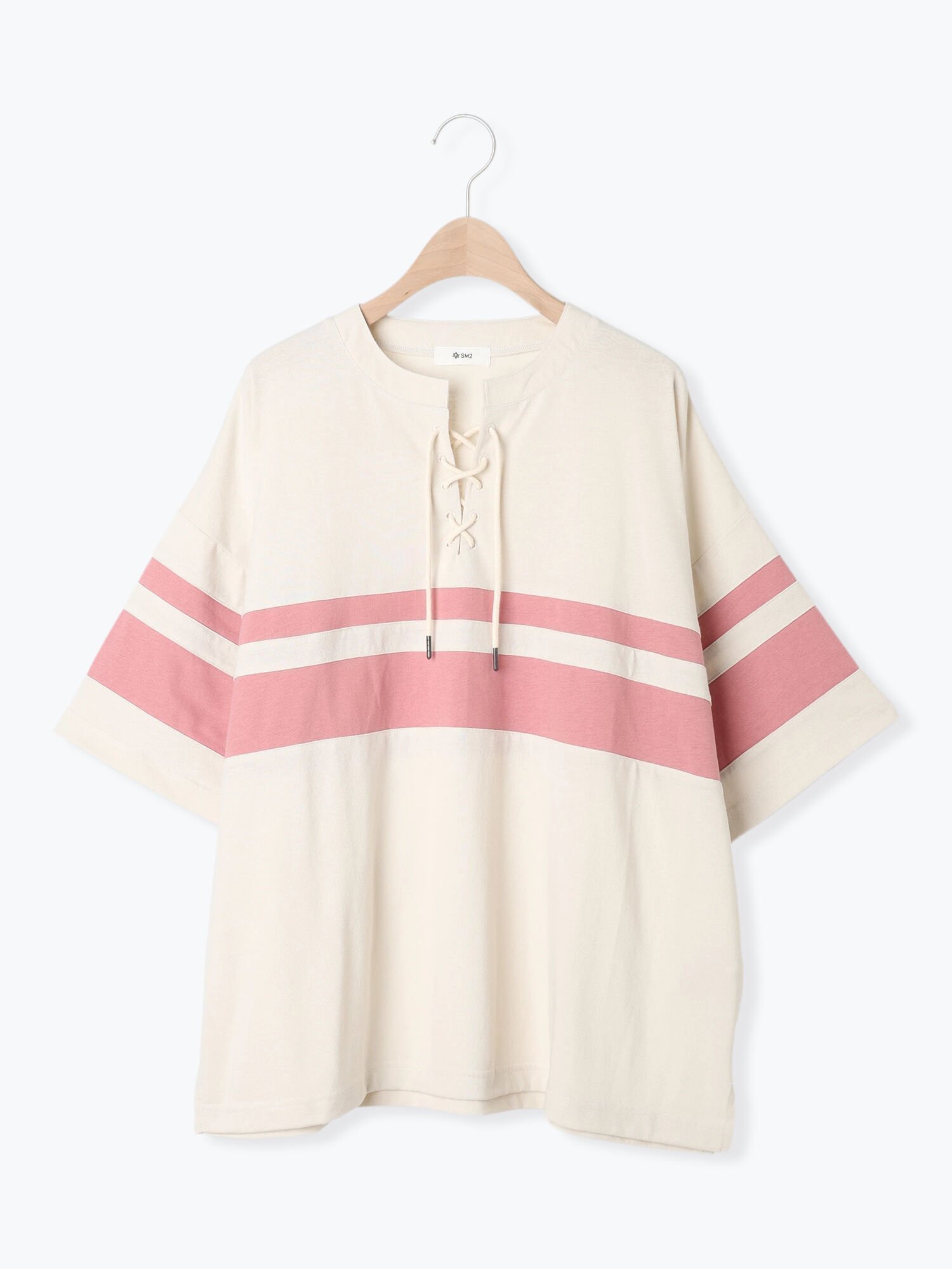 【サマンサモスモス/Samansa Mos2】の接触冷感 編み上げラインTシャツ インテリア・キッズ・メンズ・レディースファッション・服の通販 founy(ファニー) 　ファッション　Fashion　レディースファッション　Fashion for Women　トップス・カットソー　Cut & Sew Tops　シャツ・ブラウス・オフィスカジュアル　Elegant Blouses & Button-Ups　ロングTシャツ・Tシャツ　Longline T-Shirts & Tees　リラックス　Relax, Relaxed Fit　切替　Switching, Contrast Panel　ピンク|ID: prp329100004660267 ipo3291000000033725809