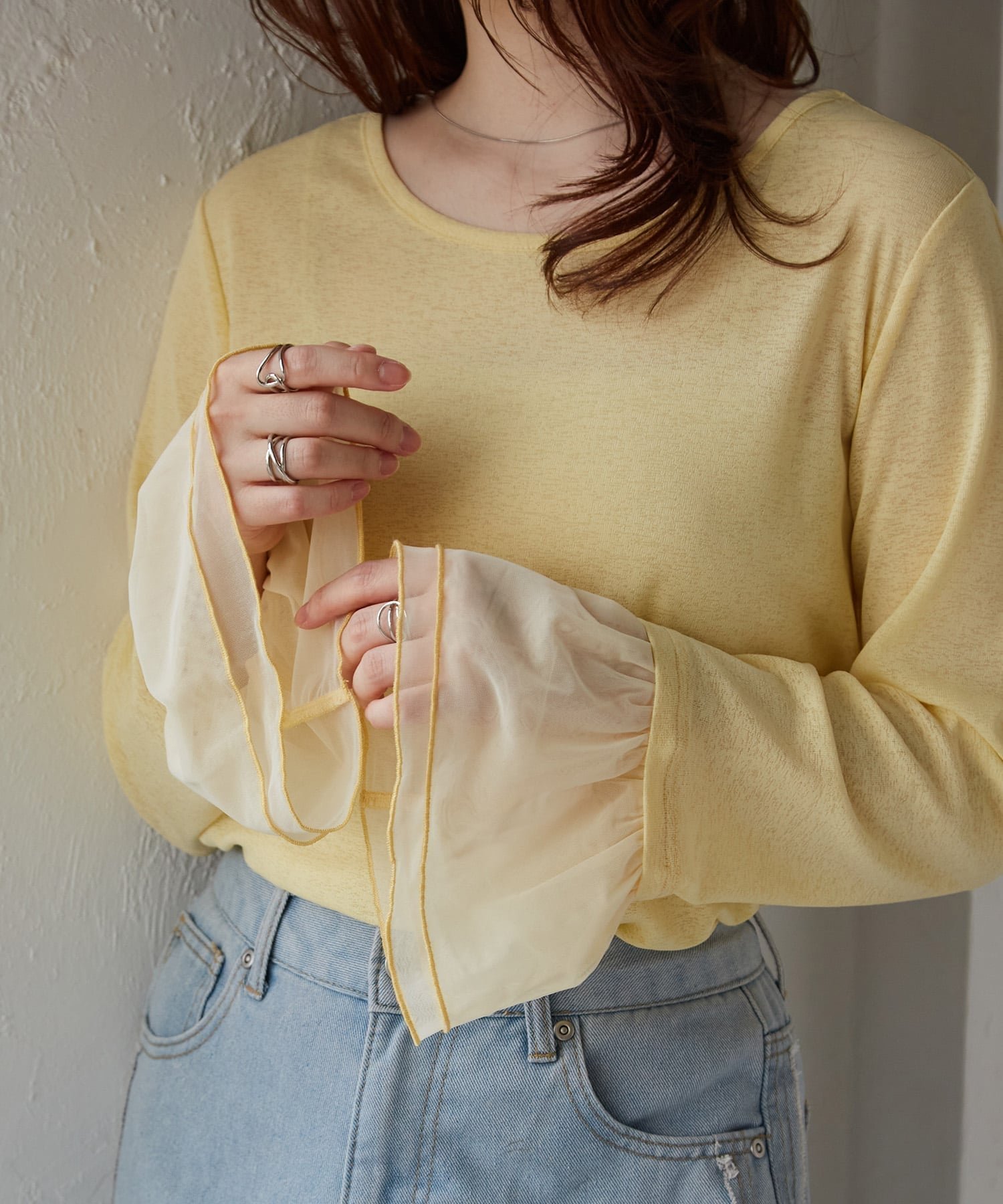【ラナン/Ranan】のRANAN/フレアーチュール袖スラブシアーT インテリア・キッズ・メンズ・レディースファッション・服の通販 founy(ファニー) 　ファッション　Fashion　レディースファッション　Fashion for Women　トップス・カットソー　Cut & Sew Tops　インナー　Innerwear　カットソー　Cut and Sewn Top　切替　Switching, Contrast Panel　サロペット　Overalls, Salopette　シアー　Sheer, See-Through　スウェット / スエット　Sweatshirt, Sweatwear　スリーブ　Sleeve, Long Sleeve / Short Sleeve　チュール　Tulip, Tulip Motif　バランス　Balance, Style Balance　フェミニン　Feminine, Girly　フォーマル　Formal, Dressy　フレア　Flare, Flared　ボトム　Bottoms, Lower Wear　ポケット　Pocket, Pocket Detail　ルーズ　Loose, Oversized　ロング　Long, Long-Length　楽ちん　Easy Fit, Comfortable　おすすめ　Recommended / Our Picks　エレガント 上品　Elegant　ビジネス 仕事 通勤　Business / Work / Commuting　YE|ID: prp329100004660280 ipo3291000000034193046