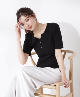 【プロポーション ボディドレッシング/PROPORTION BODY DRESSING】のヘンリーネックニット 人気、トレンドファッション・服の通販 founy(ファニー) ファッション Fashion レディースファッション Fashion for Women トップス・カットソー Cut & Sew Tops ニット Knit Tops & Sweaters スリーブ Sleeve, Long Sleeve / Short Sleeve フロント Front, Front Design メタル Metal, Metal Parts リブニット Rib Knit, Ribbed Knit |ID:prp329100004661049