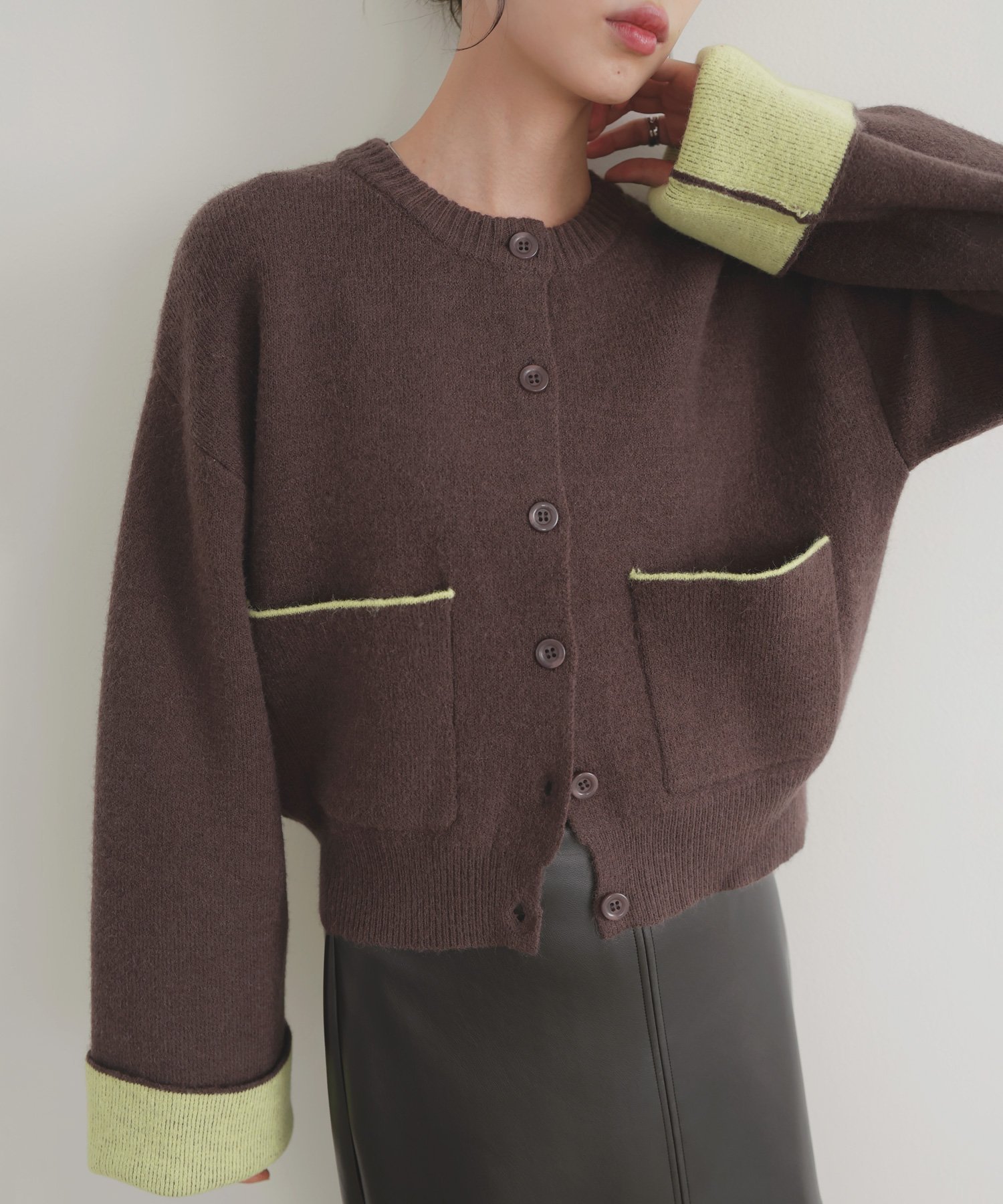 【リアン/Lian】のアルパカタッチバイカラーカーディガン インテリア・キッズ・メンズ・レディースファッション・服の通販 founy(ファニー) 　ファッション　Fashion　レディースファッション　Fashion for Women　トップス・カットソー　Cut & Sew Tops　カーディガン・羽織り　Layered Style Cardigans　ブラウン|ID: prp329100004661079 ipo3291000000034438364