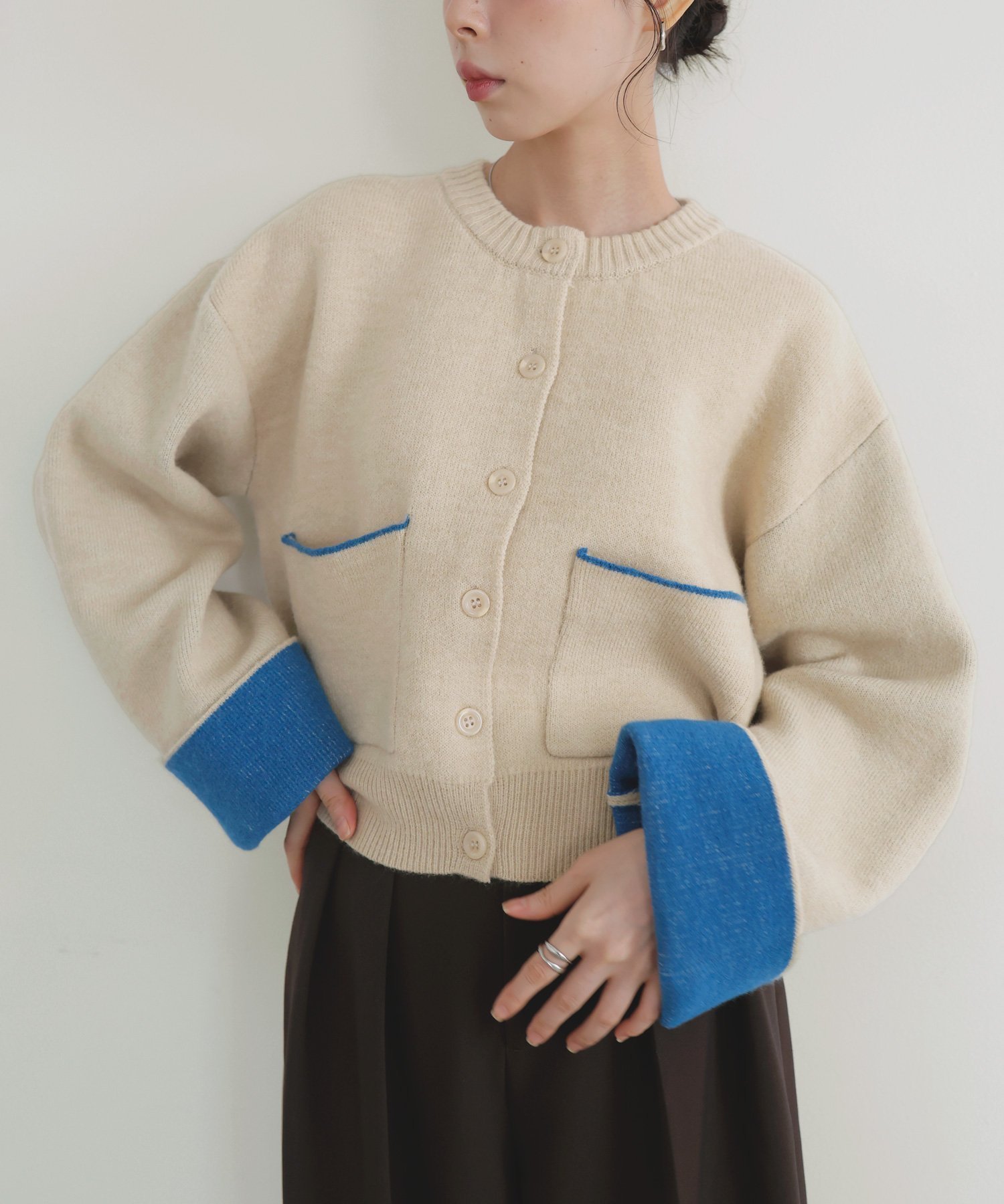 【リアン/Lian】のアルパカタッチバイカラーカーディガン インテリア・キッズ・メンズ・レディースファッション・服の通販 founy(ファニー) 　ファッション　Fashion　レディースファッション　Fashion for Women　トップス・カットソー　Cut & Sew Tops　カーディガン・羽織り　Layered Style Cardigans　アイボリー|ID: prp329100004661079 ipo3291000000034656375