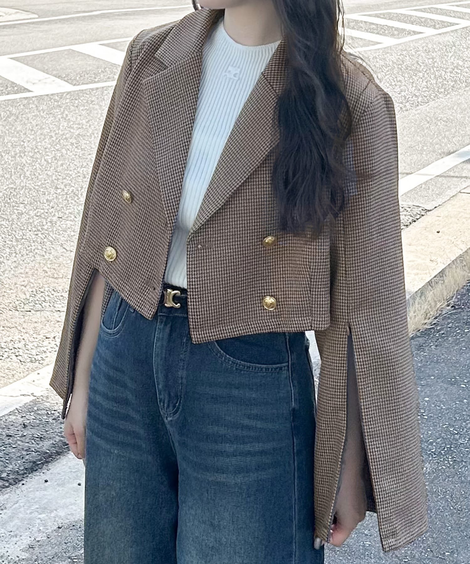 【ジュノア/JUNOAH】のゴールド釦2wayショートジャケット インテリア・キッズ・メンズ・レディースファッション・服の通販 founy(ファニー) 　ファッション　Fashion　レディースファッション　Fashion for Women　アウター　Coat / Outerwear Collection　レディースジャケット・軽アウター　Jackets　ショート　Short, Short Length　ジャケット　Jacket, Outerwear　チェック　Check, Plaid, Tartan　無地　Plain, Solid Color　ブラウン|ID: prp329100004661182 ipo3291000000033930858