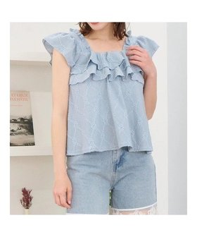 【ルディックパーク/LUDIC PARK】のアイレットレースフリルトップス 人気、トレンドファッション・服の通販 founy(ファニー) ファッション Fashion レディースファッション Fashion for Women トップス・カットソー Cut & Sew Tops おすすめ Recommended / Our Picks ガーリー Girly, Feminine Style コンパクト Compact, Small Size スクエア Square, Square Shape デニム Denim, Jeans Material フェミニン Feminine, Girly フリル Frill, Ruffle フレア Flare, Flared マーメイド Mermaid, Fishtail Silhouette ワイド Wide, Wide Fit 夏 Summer |ID:prp329100004661238
