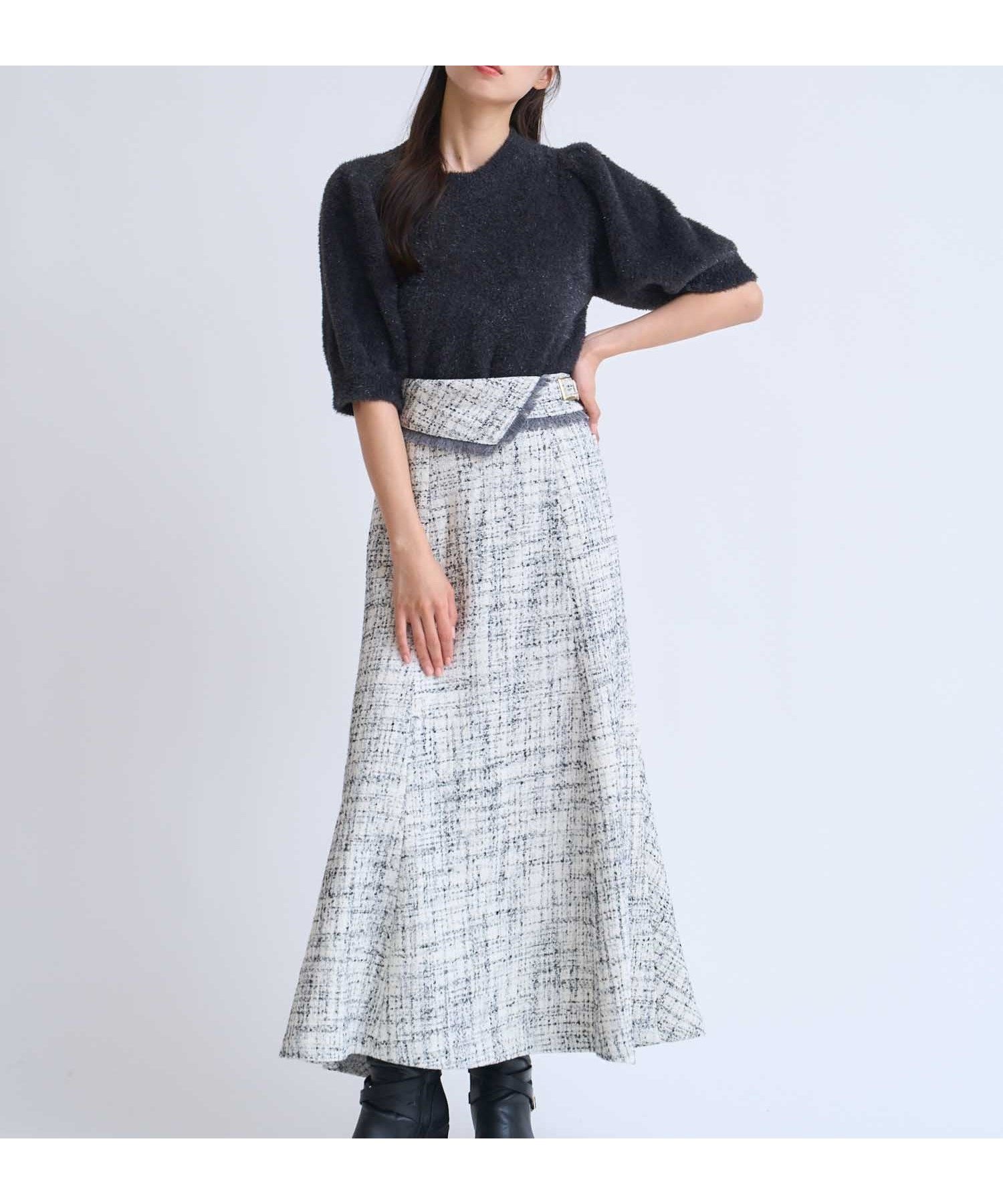 【ノエラ/Noela】のツイードバックフレアスカート インテリア・キッズ・メンズ・レディースファッション・服の通販 founy(ファニー) 　ファッション　Fashion　レディースファッション　Fashion for Women　スカート　Skirts　Aライン・フレアスカート　A-Line & Flared Skirts　バッグ　Bags　ツイード　Twill, Twill Weave　フリンジ　Fringe, Tassel　フレア　Flare, Flared　ポケット　Pocket, Pocket Detail　エレガント 上品　Elegant　オフホワイト|ID: prp329100004661656 ipo3291000000033731830