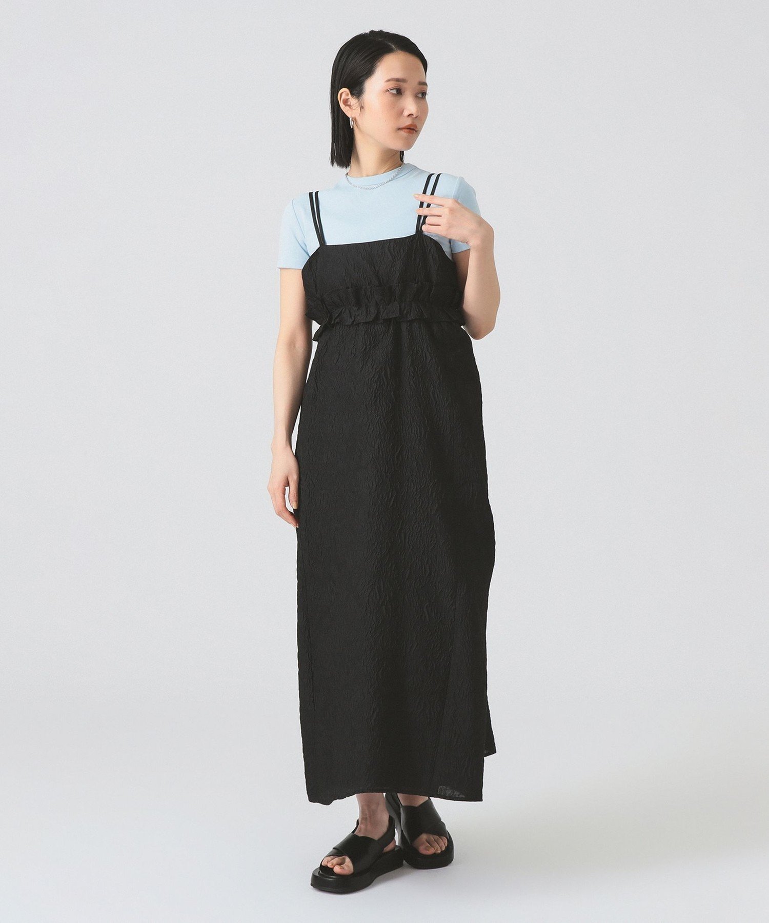 【ビームス ウイメン/BEAMS】のフクレ ジャカード フリル キャミ ワンピース インテリア・キッズ・メンズ・レディースファッション・服の通販 founy(ファニー) 　ファッション　Fashion　レディースファッション　Fashion for Women　ワンピース　Dresses　キャミソールワンピース　Camisole Dresses　おすすめ　Recommended / Our Picks　インナー　Innerwear　カットソー　Cut and Sewn Top　キャミ　Camisole, Cami Top　シアー　Sheer, See-Through　ジャカード／ジャガード　Jacquard, Woven Pattern　タートル　Turtleneck, Turtle Collar　フリル　Frill, Ruffle　レース　Lace, Lace Fabric　BLACK|ID: prp329100004661814 ipo3291000000033732360