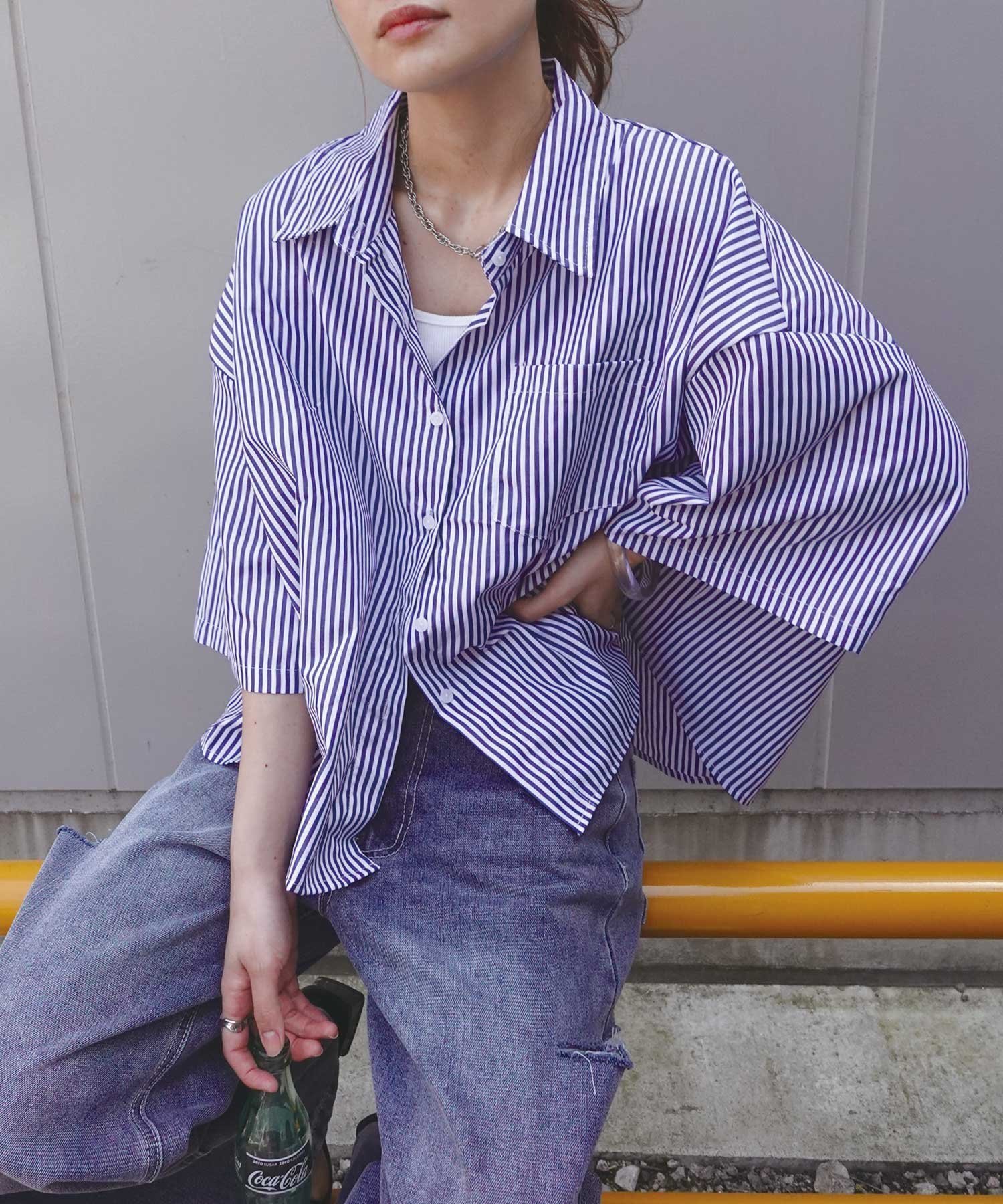 【コーナーズ/CORNERS】のビッグハーフスリーブシャツ インテリア・キッズ・メンズ・レディースファッション・服の通販 founy(ファニー) 　ファッション　Fashion　レディースファッション　Fashion for Women　トップス・カットソー　Cut & Sew Tops　シャツ・ブラウス・オフィスカジュアル　Elegant Blouses & Button-Ups　ストライプ　Stripe, Striped Pattern　ブロード　Broadcloth, Fine Cotton　ルーズ　Loose, Oversized　ワッシャー　Washer, Crinkled Finish　無地　Plain, Solid Color　ストライプネイビー|ID: prp329100004661908 ipo3291000000033732741