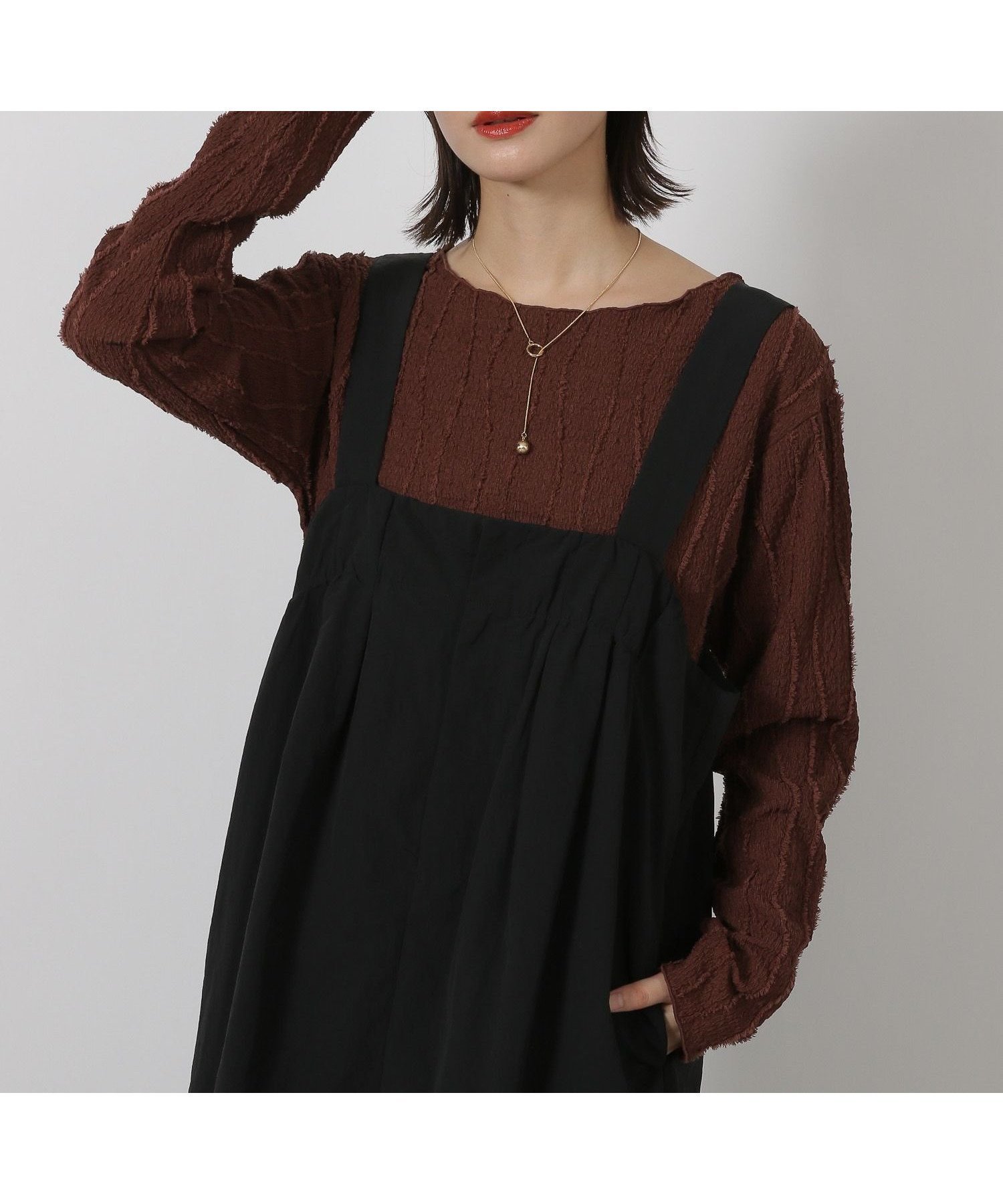 【ラコレ/LAKOLE】のフリンジジャガード長袖 インテリア・キッズ・メンズ・レディースファッション・服の通販 founy(ファニー) 　ファッション　Fashion　レディースファッション　Fashion for Women　トップス・カットソー　Cut & Sew Tops　おすすめ　Recommended / Our Picks　インナー　Innerwear　サロペット　Overalls, Salopette　デコルテ　Décolleté, Neckline　長袖　Long Sleeve, Full Sleeve　ブラウン|ID: prp329100004662306 ipo3291000000033836789