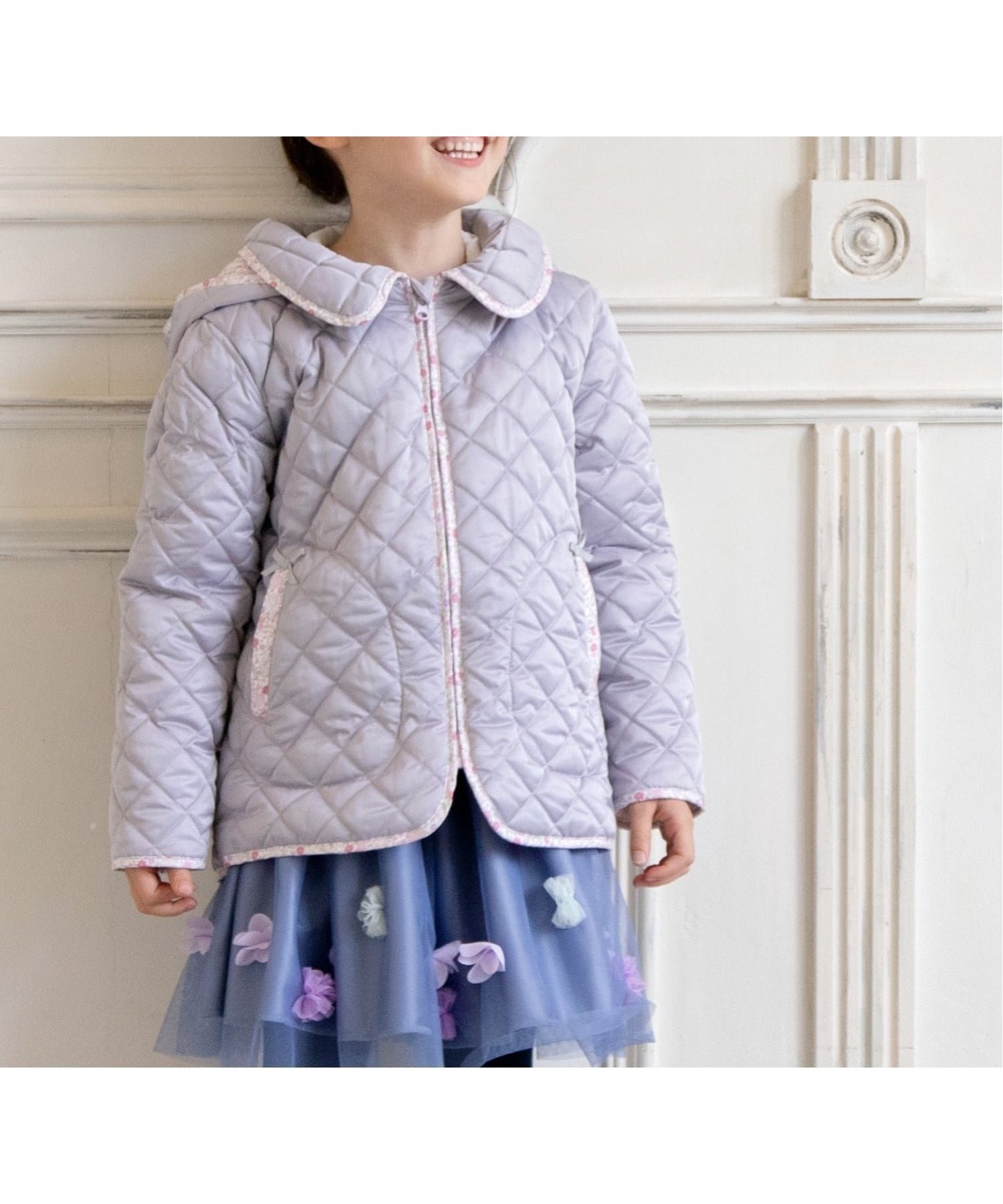 【パンパンテュテュ/panpantutu / KIDS】の2wayフラワーキルトショートコート インテリア・キッズ・メンズ・レディースファッション・服の通販 founy(ファニー) 　ファッション　Fashion　キッズファッション　Fashion for Kids　アウター　Coat Outerwear /Kids　ガーリー　Girly, Feminine Style　キルト　Quilt, Quilted Fabric　ショート　Short, Short Length　ジャケット　Jacket, Outerwear　スリット　Slit, Slit Detail　パイピング　Piping, Trim Design　フラワー　Flower, Floral　ポケット　Pocket, Pocket Detail　エレガント 上品　Elegant　A/W・秋冬　Autumn/Winter　軽量　Lightweight, Ultra Light　シルキーラベンダー|ID: prp329100004662718 ipo3291000000034119408