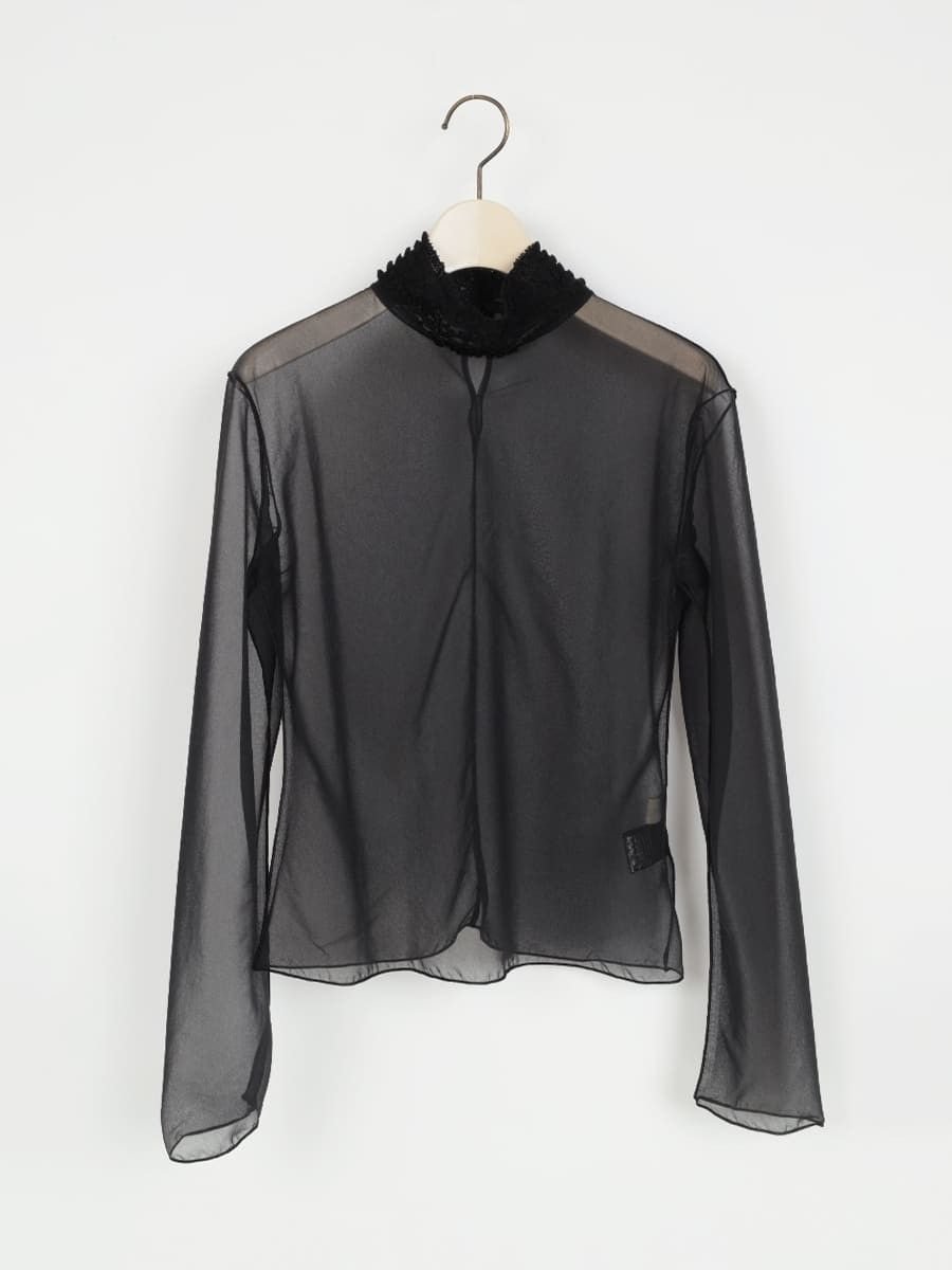 【ヴァン/Vin】のフリルネックシアートップス インテリア・キッズ・メンズ・レディースファッション・服の通販 founy(ファニー) 　ファッション　Fashion　レディースファッション　Fashion for Women　トップス・カットソー　Cut & Sew Tops　カーディガン　Cardigan, Knitwear　シアー　Sheer, See-Through　スウェット / スエット　Sweatshirt, Sweatwear　タンブラー　Tumbler, Travel Mug　タートルネック　Turtleneck, High Neck　ハンド　Hand, Handmade　フィット　Fit, Slim Fit　フリル　Frill, Ruffle　ワーク　Workwear, Utility Style　エレガント 上品　Elegant　別注　Limited Edition, Custom Order　ブラック|ID: prp329100004662773 ipo3291000000034030841