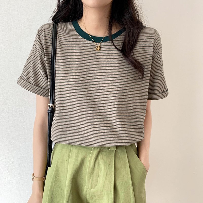 【ココモモ/COCOMOMO】のTシャツ ボーダートップス カットソーレディース 半袖 クルーネック インテリア・キッズ・メンズ・レディースファッション・服の通販 founy(ファニー) 　ファッション　Fashion　レディースファッション　Fashion for Women　トップス・カットソー　Cut & Sew Tops　シャツ・ブラウス・オフィスカジュアル　Elegant Blouses & Button-Ups　ロングTシャツ・Tシャツ　Longline T-Shirts & Tees　カットソー・ベーシックTシャツ　Cut-and-Sewn Tops / Stretch Tees & Basics　ボーダー　Border, Stripe　ロールアップ　Roll-Up, Cuffed Hem　半袖　Short Sleeve, Half Sleeve　グリーン|ID: prp329100004663018 ipo3291000000033833581
