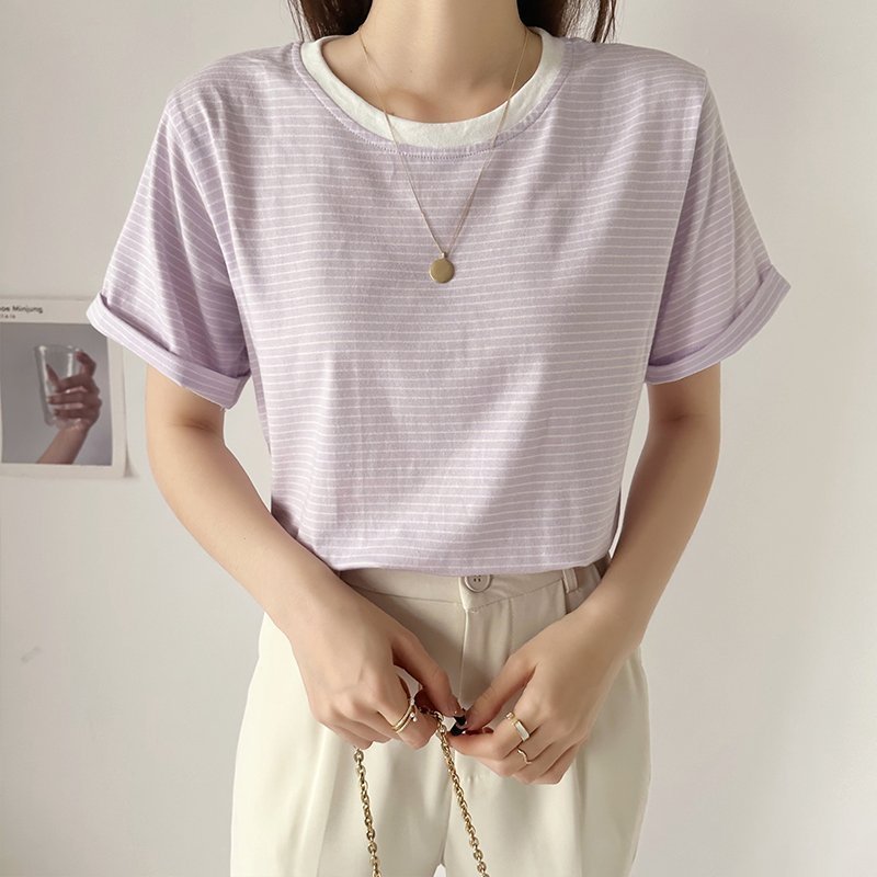 【ココモモ/COCOMOMO】のTシャツ ボーダートップス カットソーレディース 半袖 クルーネック インテリア・キッズ・メンズ・レディースファッション・服の通販 founy(ファニー) 　ファッション　Fashion　レディースファッション　Fashion for Women　トップス・カットソー　Cut & Sew Tops　シャツ・ブラウス・オフィスカジュアル　Elegant Blouses & Button-Ups　ロングTシャツ・Tシャツ　Longline T-Shirts & Tees　カットソー・ベーシックTシャツ　Cut-and-Sewn Tops / Stretch Tees & Basics　ボーダー　Border, Stripe　ロールアップ　Roll-Up, Cuffed Hem　半袖　Short Sleeve, Half Sleeve　ライトパープル|ID: prp329100004663018 ipo3291000000033833582