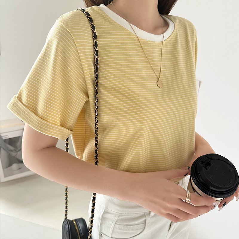 【ココモモ/COCOMOMO】のTシャツ ボーダートップス カットソーレディース 半袖 クルーネック インテリア・キッズ・メンズ・レディースファッション・服の通販 founy(ファニー) 　ファッション　Fashion　レディースファッション　Fashion for Women　トップス・カットソー　Cut & Sew Tops　シャツ・ブラウス・オフィスカジュアル　Elegant Blouses & Button-Ups　ロングTシャツ・Tシャツ　Longline T-Shirts & Tees　カットソー・ベーシックTシャツ　Cut-and-Sewn Tops / Stretch Tees & Basics　ボーダー　Border, Stripe　ロールアップ　Roll-Up, Cuffed Hem　半袖　Short Sleeve, Half Sleeve　ライトイエロー|ID: prp329100004663018 ipo3291000000033833583