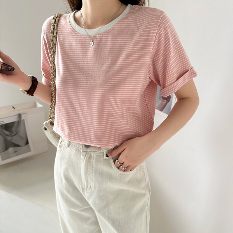 【ココモモ/COCOMOMO】のTシャツ ボーダートップス カットソーレディース 半袖 クルーネック インテリア・キッズ・メンズ・レディースファッション・服の通販 founy(ファニー) 　ファッション　Fashion　レディースファッション　Fashion for Women　トップス・カットソー　Cut & Sew Tops　シャツ・ブラウス・オフィスカジュアル　Elegant Blouses & Button-Ups　ロングTシャツ・Tシャツ　Longline T-Shirts & Tees　カットソー・ベーシックTシャツ　Cut-and-Sewn Tops / Stretch Tees & Basics　ボーダー　Border, Stripe　ロールアップ　Roll-Up, Cuffed Hem　半袖　Short Sleeve, Half Sleeve　ピンク|ID: prp329100004663018 ipo3291000000033833584