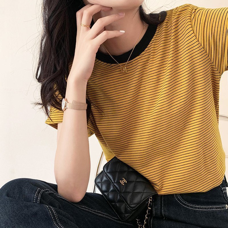 【ココモモ/COCOMOMO】のTシャツ ボーダートップス カットソーレディース 半袖 クルーネック インテリア・キッズ・メンズ・レディースファッション・服の通販 founy(ファニー) 　ファッション　Fashion　レディースファッション　Fashion for Women　トップス・カットソー　Cut & Sew Tops　シャツ・ブラウス・オフィスカジュアル　Elegant Blouses & Button-Ups　ロングTシャツ・Tシャツ　Longline T-Shirts & Tees　カットソー・ベーシックTシャツ　Cut-and-Sewn Tops / Stretch Tees & Basics　ボーダー　Border, Stripe　ロールアップ　Roll-Up, Cuffed Hem　半袖　Short Sleeve, Half Sleeve　イエロー|ID: prp329100004663018 ipo3291000000033833586