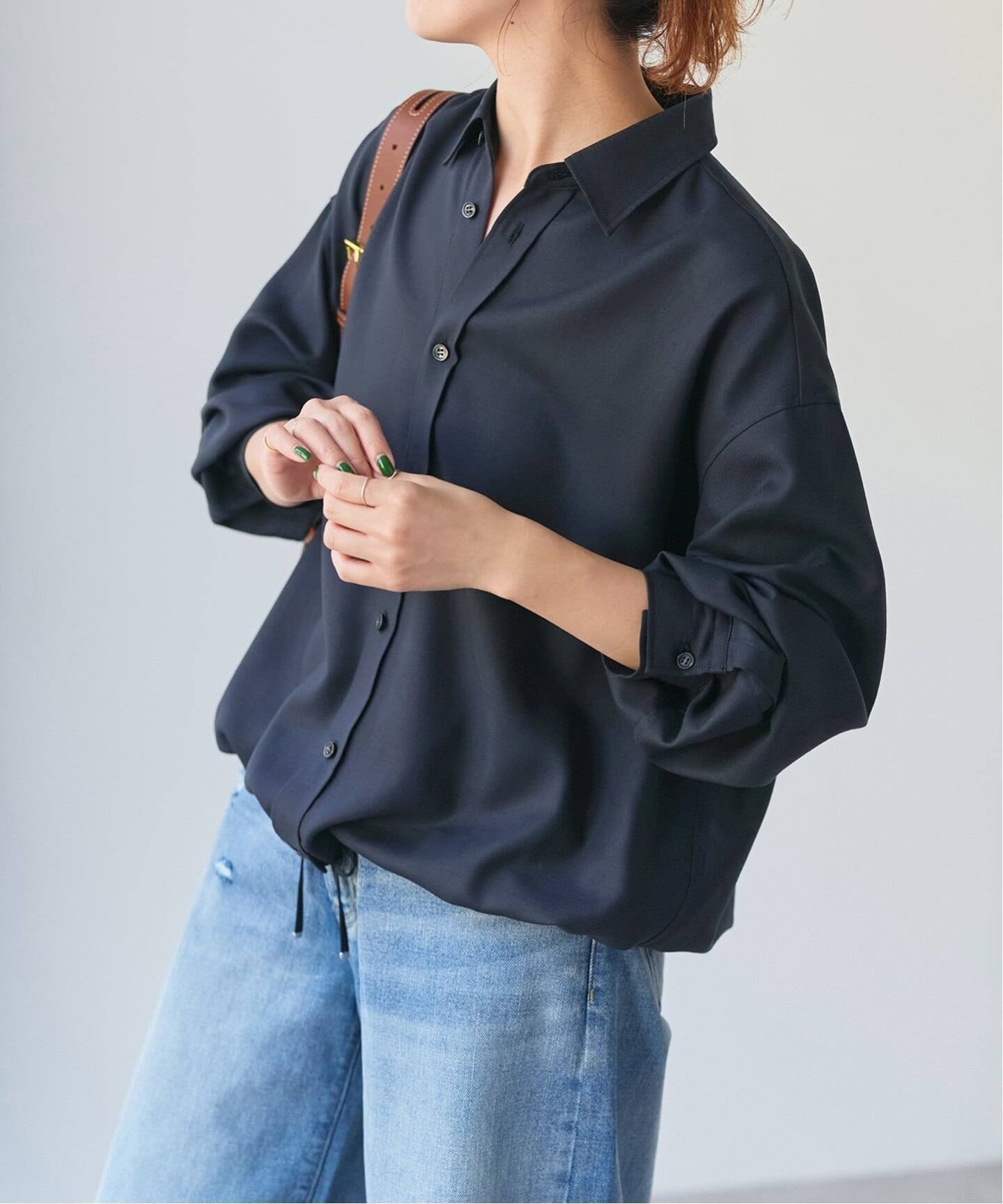 【スピック&スパン/Spick & Span】の《追加》ウールライクヘムギャザーシャツ インテリア・キッズ・メンズ・レディースファッション・服の通販 founy(ファニー) 　ファッション　Fashion　レディースファッション　Fashion for Women　トップス・カットソー　Cut & Sew Tops　シャツ・ブラウス・オフィスカジュアル　Elegant Blouses & Button-Ups　インナー　Innerwear　カットソー　Cut and Sewn Top　タンク　Tank Top, Sleeveless Top　デニム　Denim, Jeans Material　リラックス　Relax, Relaxed Fit　ワイド　Wide, Wide Fit　エレガント 上品　Elegant　人気　Popular, Best Seller　再入荷　Restock / Back in Stock　夏　Summer　秋　Autumn　羽織　Haori, Light Jacket　長袖　Long Sleeve, Full Sleeve　ネイビー|ID: prp329100004664226 ipo3291000000034106253