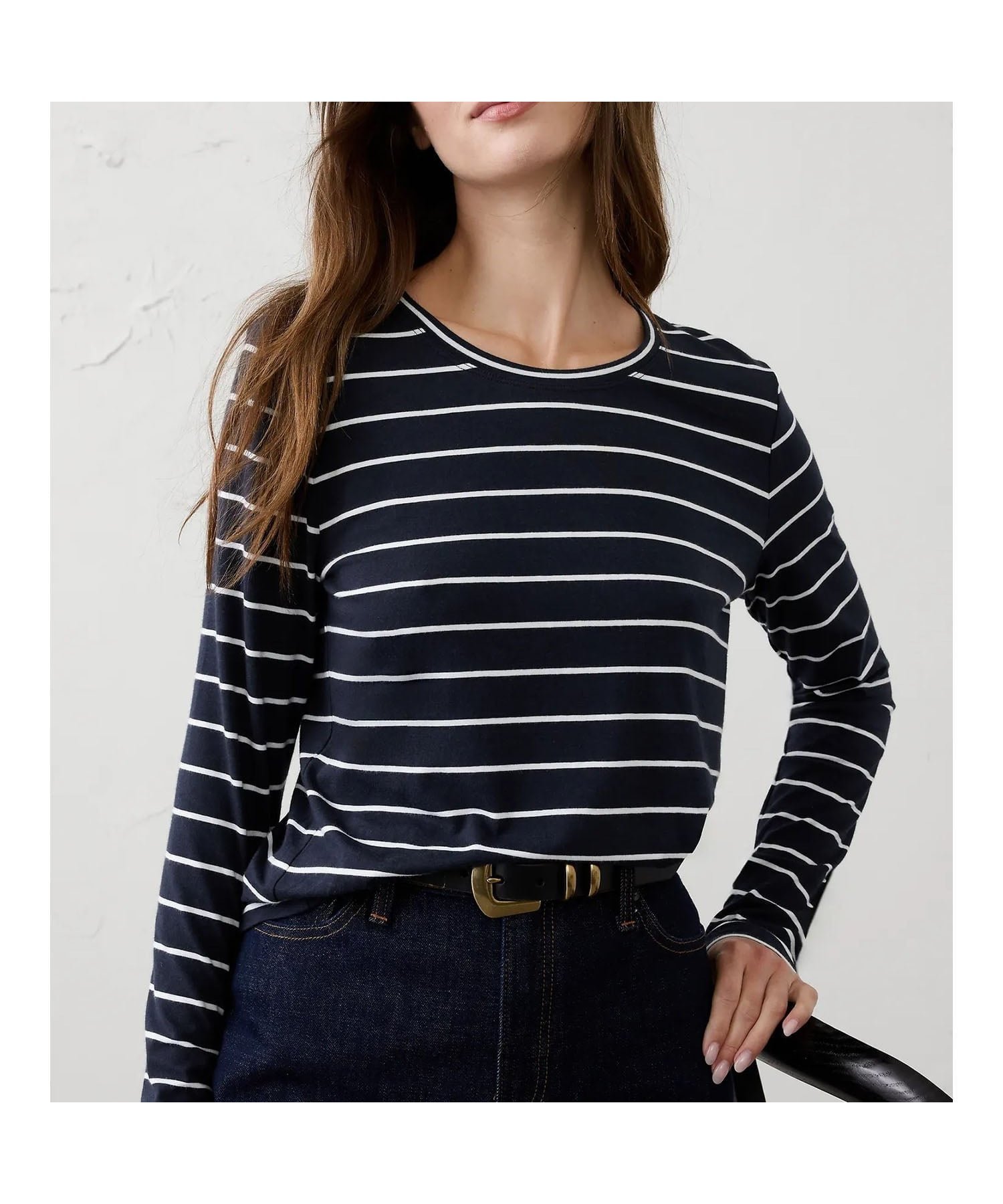 【バナナリパブリック ファクトリーストア/BANANA REPUBLIC FACTORY STORE】のBANANA REPUBLIC FACTORY STORE タイムレスクルーネックTシャツ インテリア・キッズ・メンズ・レディースファッション・服の通販 founy(ファニー) 　ファッション　Fashion　レディースファッション　Fashion for Women　トップス・カットソー　Cut & Sew Tops　シャツ・ブラウス・オフィスカジュアル　Elegant Blouses & Button-Ups　ロングTシャツ・Tシャツ　Longline T-Shirts & Tees　インナー　Innerwear　ロング　Long, Long-Length　羽織　Haori, Light Jacket　NAVY_STRIPE|ID: prp329100004664412 ipo3291000000033836837