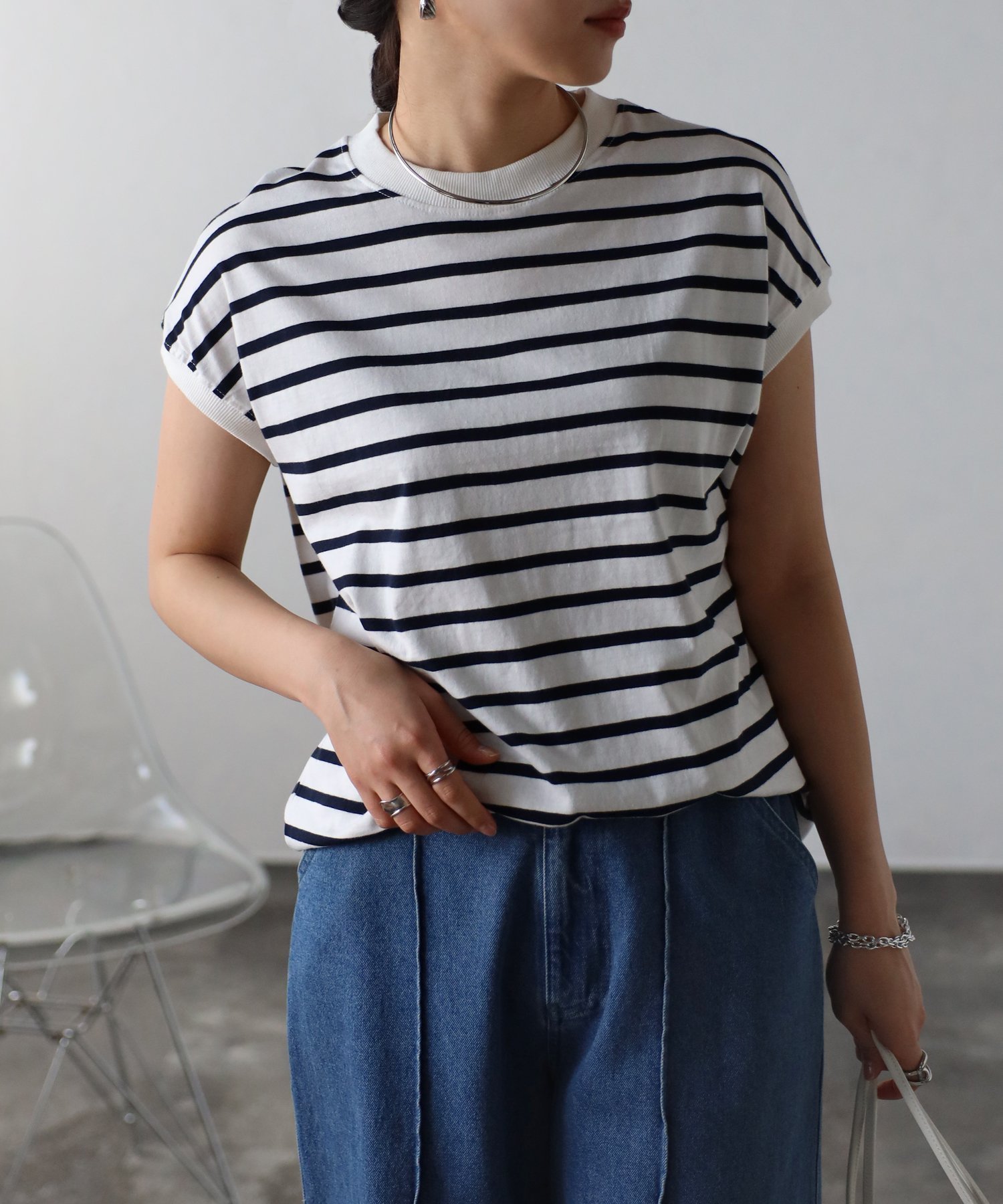 【リラクロ/relaclo】のmitis/プチハイネックフレンチスリーブTシャツ インテリア・キッズ・メンズ・レディースファッション・服の通販 founy(ファニー) 　ファッション　Fashion　レディースファッション　Fashion for Women　トップス・カットソー　Cut & Sew Tops　シャツ・ブラウス・オフィスカジュアル　Elegant Blouses & Button-Ups　ロングTシャツ・Tシャツ　Longline T-Shirts & Tees　インナー　Innerwear　エレガント 上品　Elegant　カーディガン　Cardigan, Knitwear　スリーブ　Sleeve, Long Sleeve / Short Sleeve　フレンチ　French, French Style　ロング　Long, Long-Length　吸水　Absorbent, Quick-Dry　ホワイト×ネイビー|ID: prp329100004666136 ipo3291000000033749486
