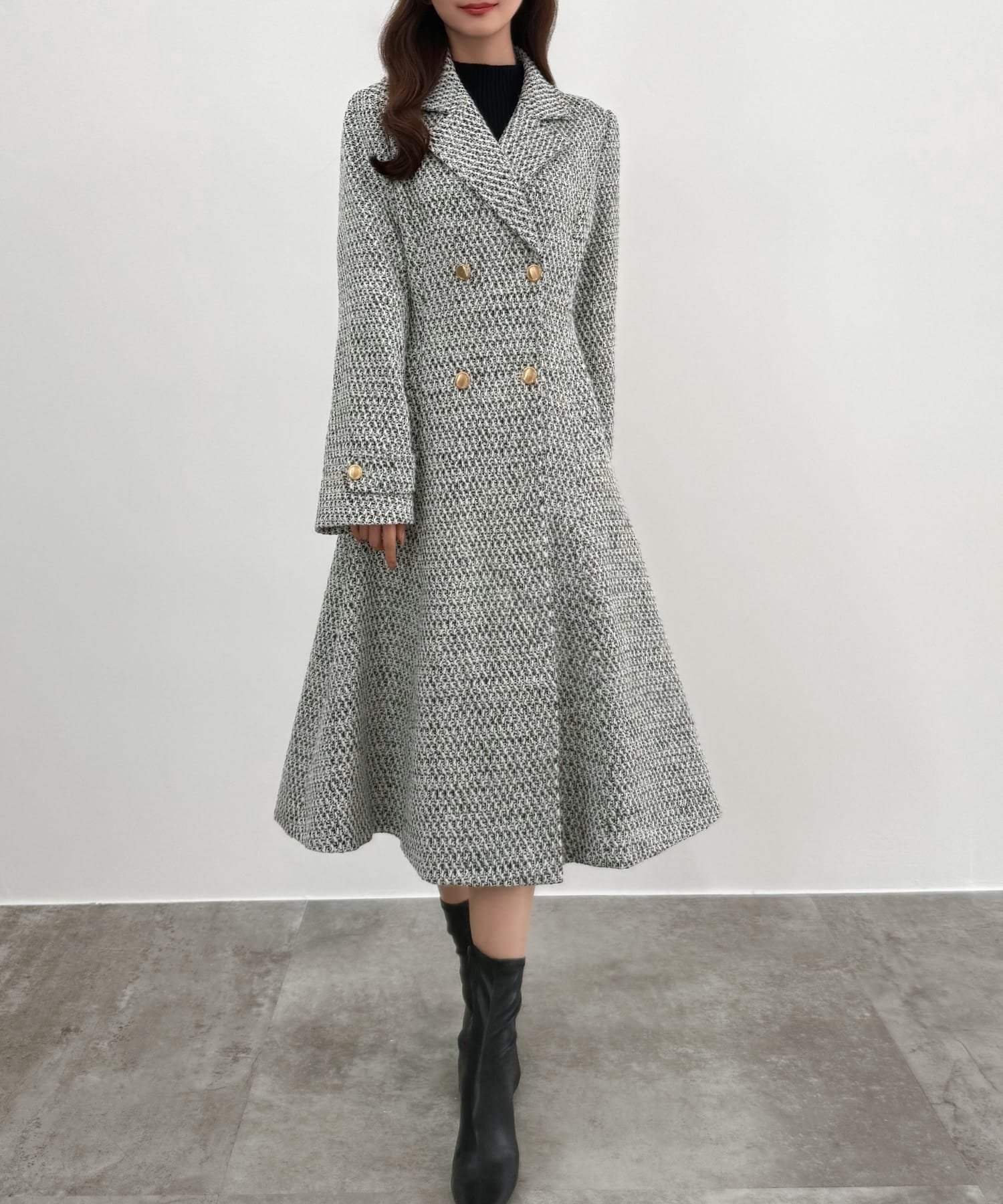 【ジュノア/JUNOAH】のCENEA ウエストシェイプツイードロングコート インテリア・キッズ・メンズ・レディースファッション・服の通販 founy(ファニー) 　ファッション　Fashion　レディースファッション　Fashion for Women　アウター　Coat / Outerwear Collection　コート・ロングコート・ピーコート　Long Coats, Peacoats & More　ブラックホワイト|ID: prp329100004666143 ipo3291000000033749525