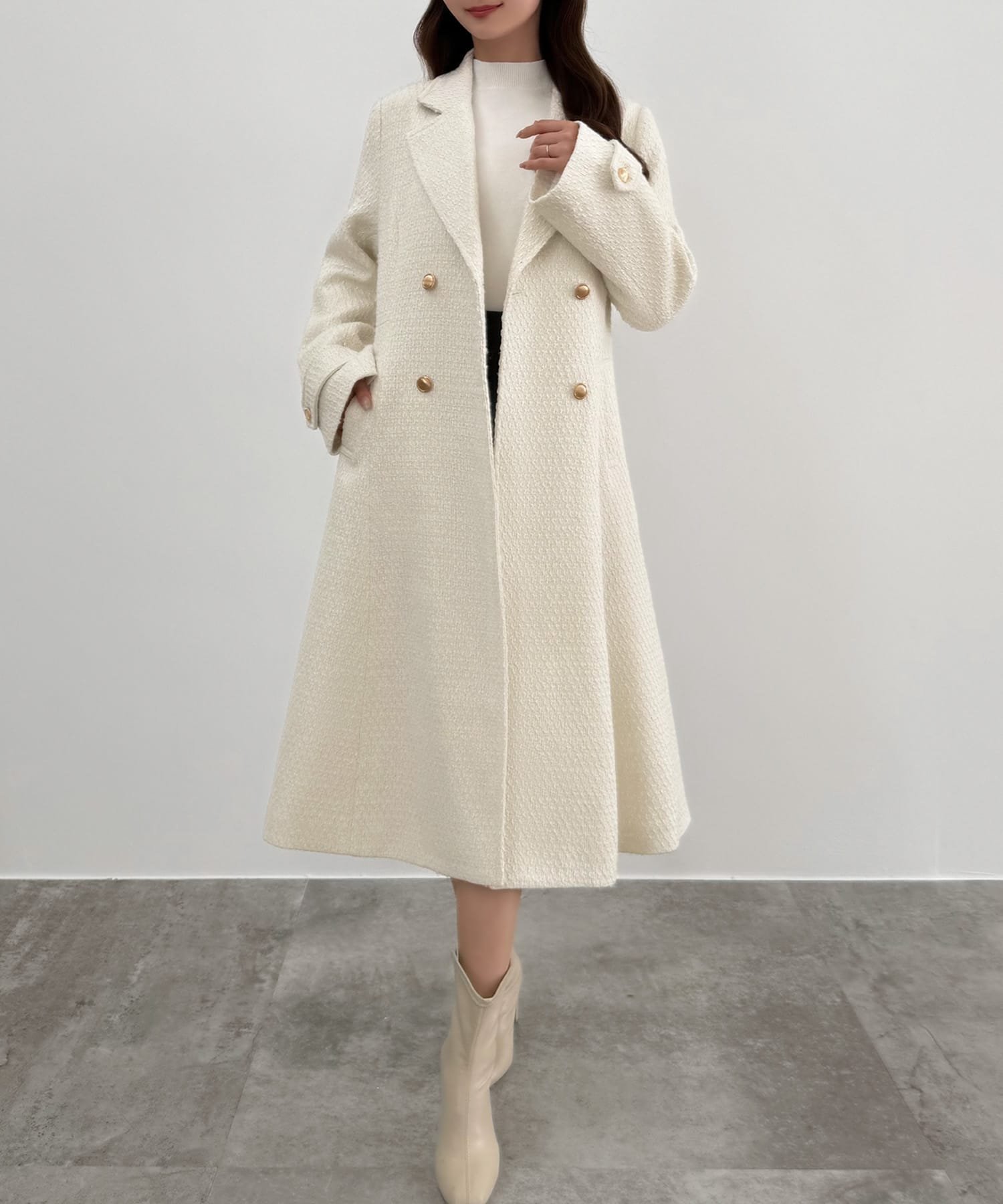 【ジュノア/JUNOAH】のCENEA ウエストシェイプツイードロングコート インテリア・キッズ・メンズ・レディースファッション・服の通販 founy(ファニー) 　ファッション　Fashion　レディースファッション　Fashion for Women　アウター　Coat / Outerwear Collection　コート・ロングコート・ピーコート　Long Coats, Peacoats & More　アイボリー|ID: prp329100004666143 ipo3291000000033749527