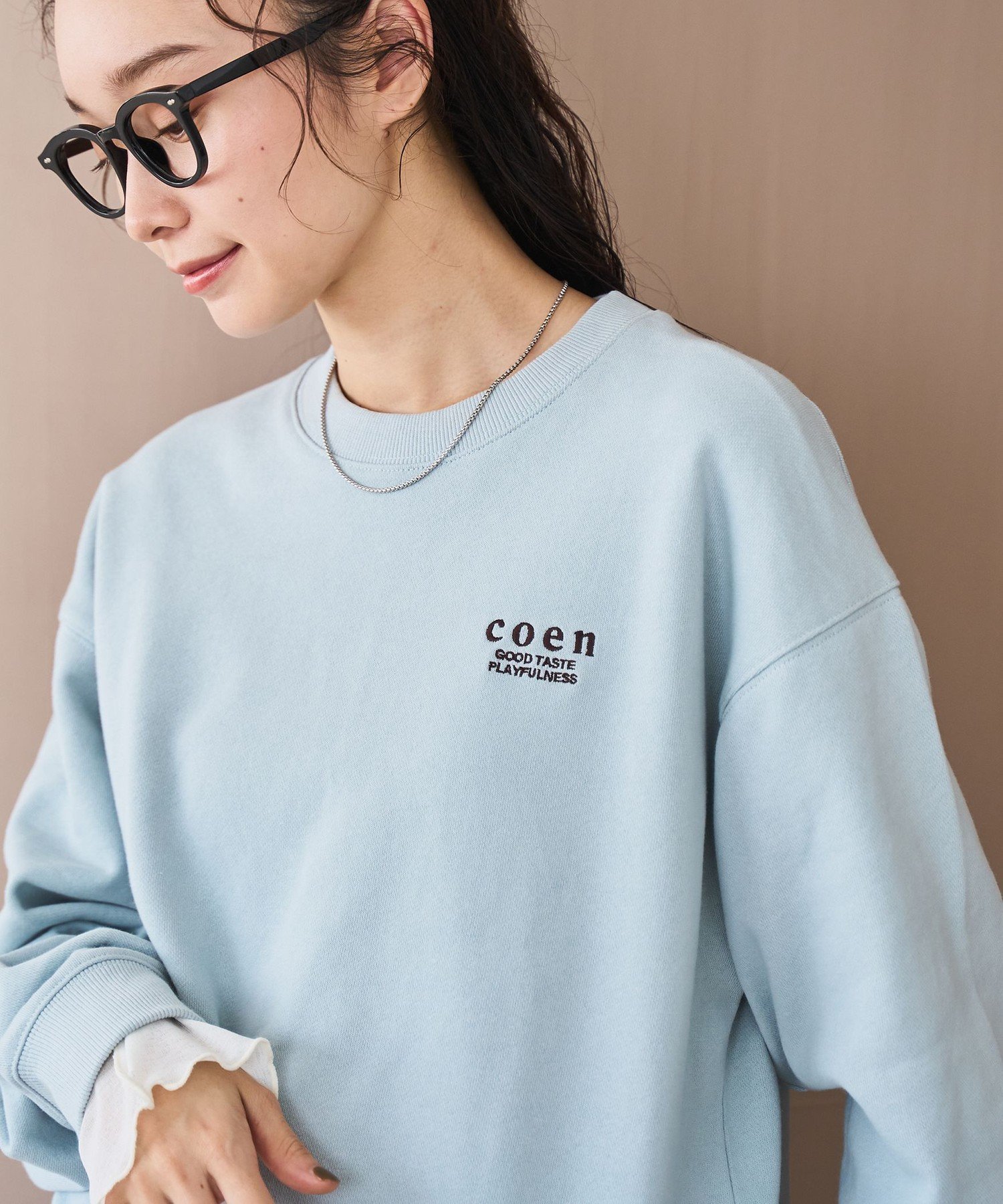 【コーエン/COEN】のCOEN(コーエン)ロゴ刺繍 C/N裏毛スウェット【YouTube紹介アイテム】 インテリア・キッズ・メンズ・レディースファッション・服の通販 founy(ファニー) 　ファッション　Fashion　レディースファッション　Fashion for Women　トップス・カットソー　Cut & Sew Tops　レディースパーカー・カジュアルフーディー　Casual Hoodies & Sweatshirts　スウェット・クルーネックトップス　Sweatshirts & Crewnecks / Relaxed Fit Sweat Tops　コンパクト　Compact, Small Size　ショート　Short, Short Length　スウェット / スエット　Sweatshirt, Sweatwear　デニム　Denim, Jeans Material　ミックス　Mix, Mixed Style　LT.BLUE|ID: prp329100004666407 ipo3291000000034184023