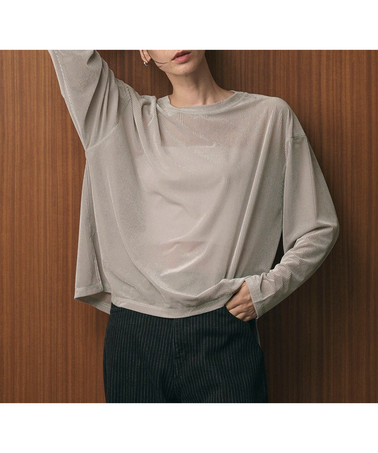 【ビューティ&ユース ユナイテッドアローズ/BEAUTY&YOUTH / UNITED ARROWS】のベロアストライプシアー ロングスリーブカットソー インテリア・キッズ・メンズ・レディースファッション・服の通販 founy(ファニー) 　ファッション　Fashion　レディースファッション　Fashion for Women　トップス・カットソー　Cut & Sew Tops　カットソー・ベーシックTシャツ　Cut-and-Sewn Tops / Stretch Tees & Basics　ベロアトップス　Velour Tops / Velvet-Look Items　おすすめ　Recommended / Our Picks　インナー　Innerwear　シンプル　Simple, Minimal　ストライプ　Stripe, Striped Pattern　スリット　Slit, Slit Detail　スリーブ　Sleeve, Long Sleeve / Short Sleeve　デニム　Denim, Jeans Material　ベロア　Velour, Soft Velvet　ボトム　Bottoms, Lower Wear　ルーズ　Loose, Oversized　ロング　Long, Long-Length　ワイド　Wide, Wide Fit　秋　Autumn　LT.GRAY|ID: prp329100004666515 ipo3291000000033858779