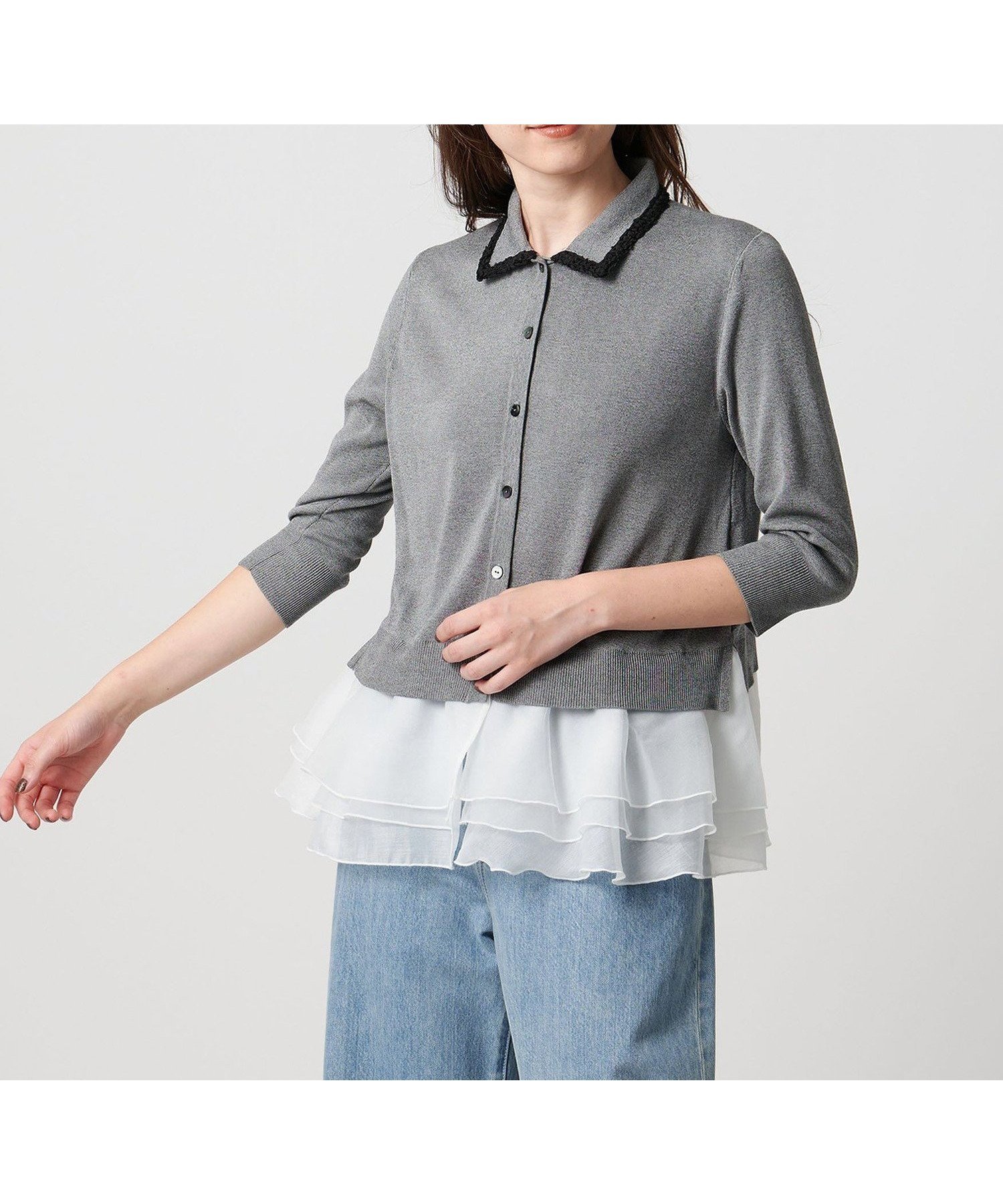 【ユナイテッドアローズ/UNITED ARROWS】のレディー ポロコンビ ニット ウォッシャブル インテリア・キッズ・メンズ・レディースファッション・服の通販 founy(ファニー) 　ファッション　Fashion　レディースファッション　Fashion for Women　トップス・カットソー　Cut & Sew Tops　ニット　Knit Tops & Sweaters　ウォッシャブル　Machine Washable　かぎ針　Crochet　コンビ　Combo, Combination Style　デニム　Denim, Jeans Material　フリル　Frill, Ruffle　MD.GRAY|ID: prp329100004667858 ipo3291000000033756174