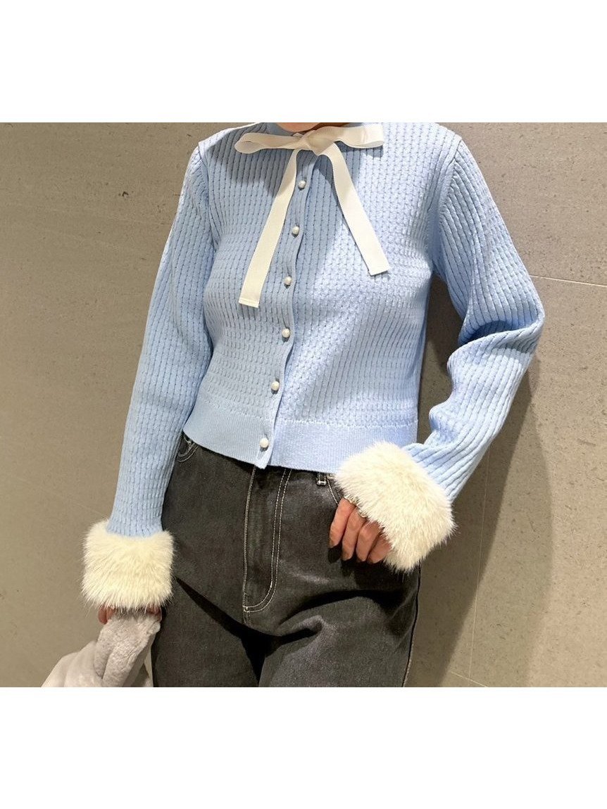 【ファーファー/FURFUR】の【限定カラー】リボン付き袖口ファーカーディガン インテリア・キッズ・メンズ・レディースファッション・服の通販 founy(ファニー) 　ファッション　Fashion　レディースファッション　Fashion for Women　トップス・カットソー　Cut & Sew Tops　カーディガン・羽織り　Layered Style Cardigans　カーディガン　Cardigan, Knitwear　リボン　Ribbon, Bow　SAX[083]|ID: prp329100004668337 ipo3291000000033757896
