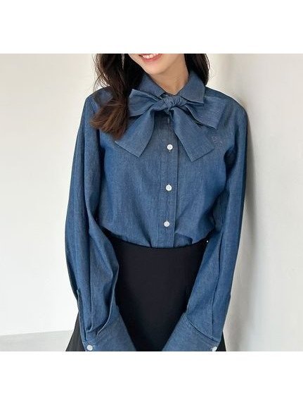 【スナイデル/SNIDEL】のボウタイシャツ インテリア・キッズ・メンズ・レディースファッション・服の通販 founy(ファニー) 　ファッション　Fashion　レディースファッション　Fashion for Women　トップス・カットソー　Cut & Sew Tops　シャツ・ブラウス・オフィスカジュアル　Elegant Blouses & Button-Ups　インディゴ　Indigo Denim　ウェーブ　Wavy Pattern　コンパクト　Compact, Small Size　シンプル　Simple, Minimal　ストライプ　Stripe, Striped Pattern　ストレート　Straight, Straight Cut　デニム　Denim, Jeans Material　無地　Plain, Solid Color　おすすめ　Recommended / Our Picks　IND[088]|ID: prp329100004668349 ipo3291000000033757940