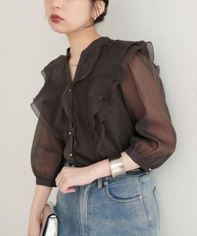 【ナチュラルクチュール/natural couture】のラッフルフリルキーネック7分袖ブラウス 人気、トレンドファッション・服の通販 founy(ファニー) ファッション Fashion レディースファッション Fashion for Women トップス・カットソー Cut & Sew Tops シャツ・ブラウス・オフィスカジュアル Elegant Blouses & Button-Ups サンダル Sandals, Summer Shoes スニーカー Sneakers, Trainers デコルテ Décolleté, Neckline デニム Denim, Jeans Material フェミニン Feminine, Girly フレア Flare, Flared ミックス Mix, Mixed Style ワイド Wide, Wide Fit エレガント 上品 Elegant 2025年 2025 2025-2026秋冬・A/W Autumn/Winter 2025–26 AW25–26 |ID:prp329100004671968