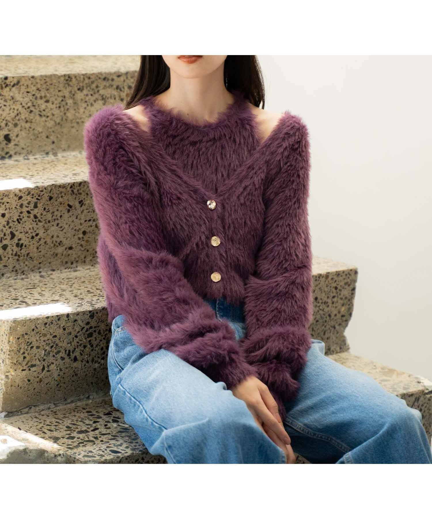 【ノエラ/Noela】のシャギーアンサンブル インテリア・キッズ・メンズ・レディースファッション・服の通販 founy(ファニー) 　ファッション　Fashion　レディースファッション　Fashion for Women　トップス・カットソー　Cut & Sew Tops　アンサンブルニット　Knit Ensembles & Twin Sets　アンサンブル　Ensemble Set　インナー　Innerwear　カーディガン　Cardigan, Knitwear　ポケット　Pocket, Pocket Detail　パープル|ID: prp329100004672138 ipo3291000000033772614