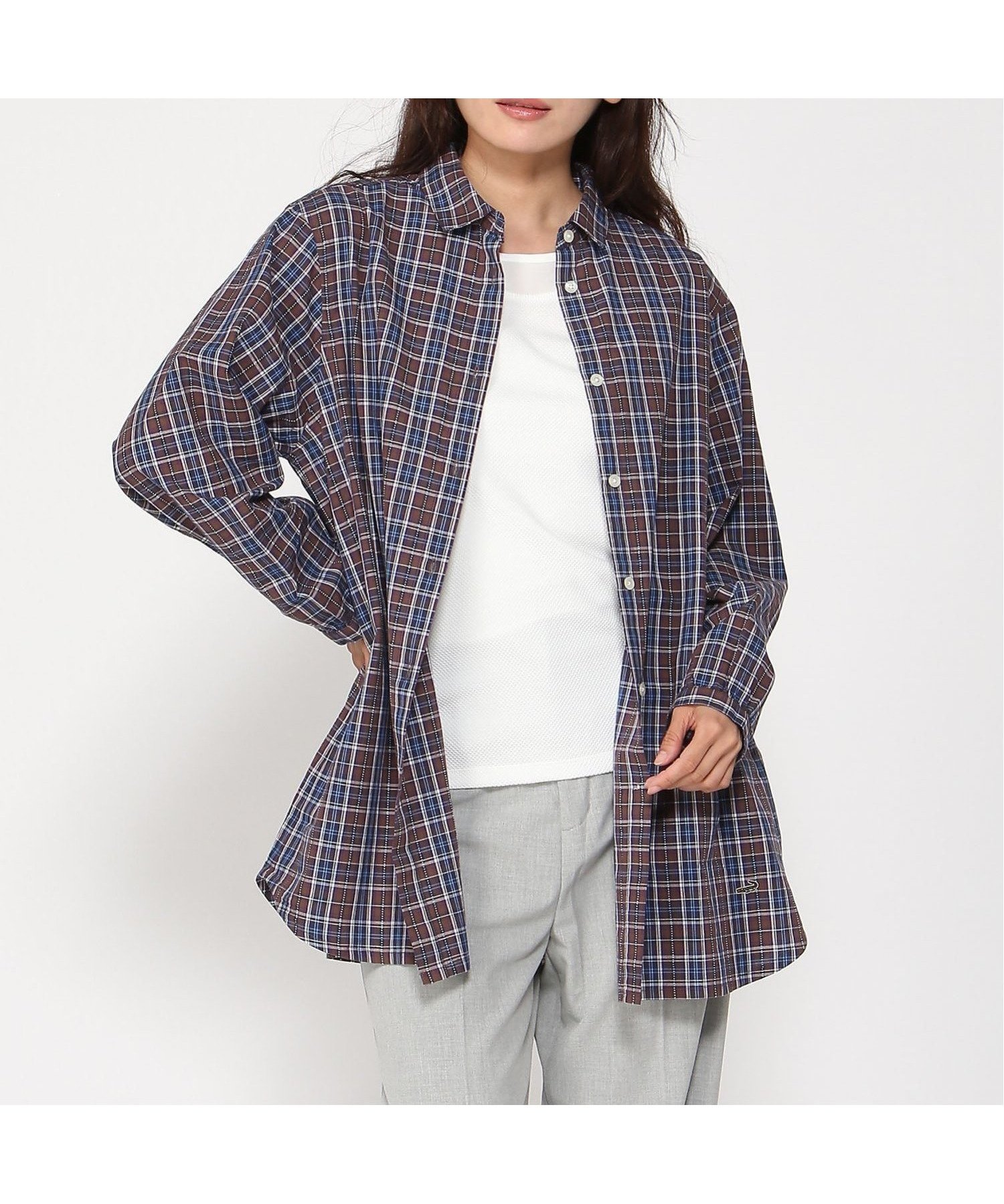 【クロコダイル/CROCODILE】のドビーチェック柄 チュニック インテリア・キッズ・メンズ・レディースファッション・服の通販 founy(ファニー) 　ファッション　Fashion　レディースファッション　Fashion for Women　トップス・カットソー　Cut & Sew Tops　チュニック　Tunic, Long Top　ブラウン|ID: prp329100004672391 ipo3291000000033773579