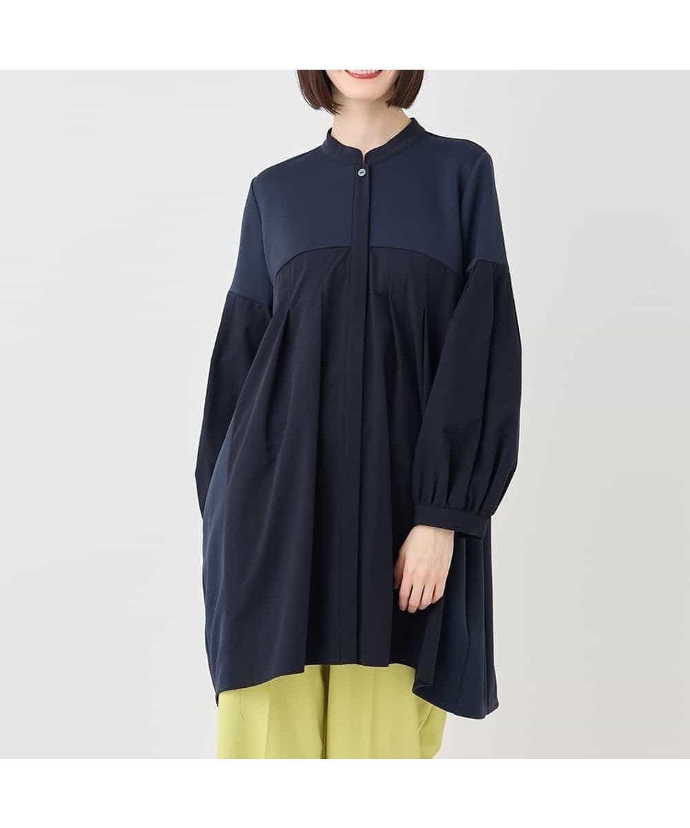 【ヒロコビス/HIROKO BIS】の異素材切り替えチュニック インテリア・キッズ・メンズ・レディースファッション・服の通販 founy(ファニー) 　ファッション　Fashion　レディースファッション　Fashion for Women　トップス・カットソー　Cut & Sew Tops　おすすめ　Recommended / Our Picks　ストレッチ　Stretch, Stretchy Fabric　ストール　Stole, Wrap　タフタ　Taffeta, Structured Fabric　チュニック　Tunic, Long Top　フェミニン　Feminine, Girly　フォルム　Silhouette, Form　フロント　Front, Front Design　羽織　Haori, Light Jacket　軽量　Lightweight, Ultra Light　ネイビー|ID: prp329100004672415 ipo3291000000033773669