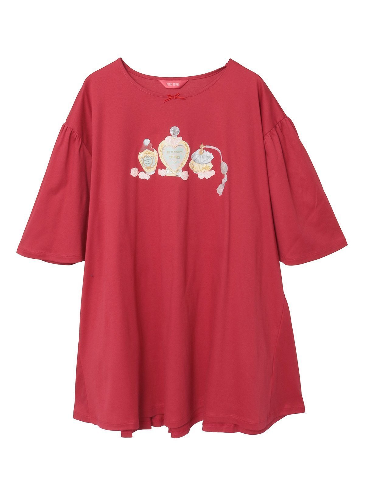 【ピンクハウス/PINK HOUSE】のパフュームプリントカットソーチュニック インテリア・キッズ・メンズ・レディースファッション・服の通販 founy(ファニー) 　ファッション　Fashion　レディースファッション　Fashion for Women　トップス・カットソー　Cut & Sew Tops　カットソー・ベーシックTシャツ　Cut-and-Sewn Tops / Stretch Tees & Basics　エレガント 上品　Elegant　シルケット　Silket, Silky Cotton　フロント　Front, Front Design　プリント　Print, Printed Pattern　ベロア　Velour, Soft Velvet　リボン　Ribbon, Bow　ローズ　Rose, Rose Motif　ローズレッド|ID: prp329100004672516 ipo3291000000033774017
