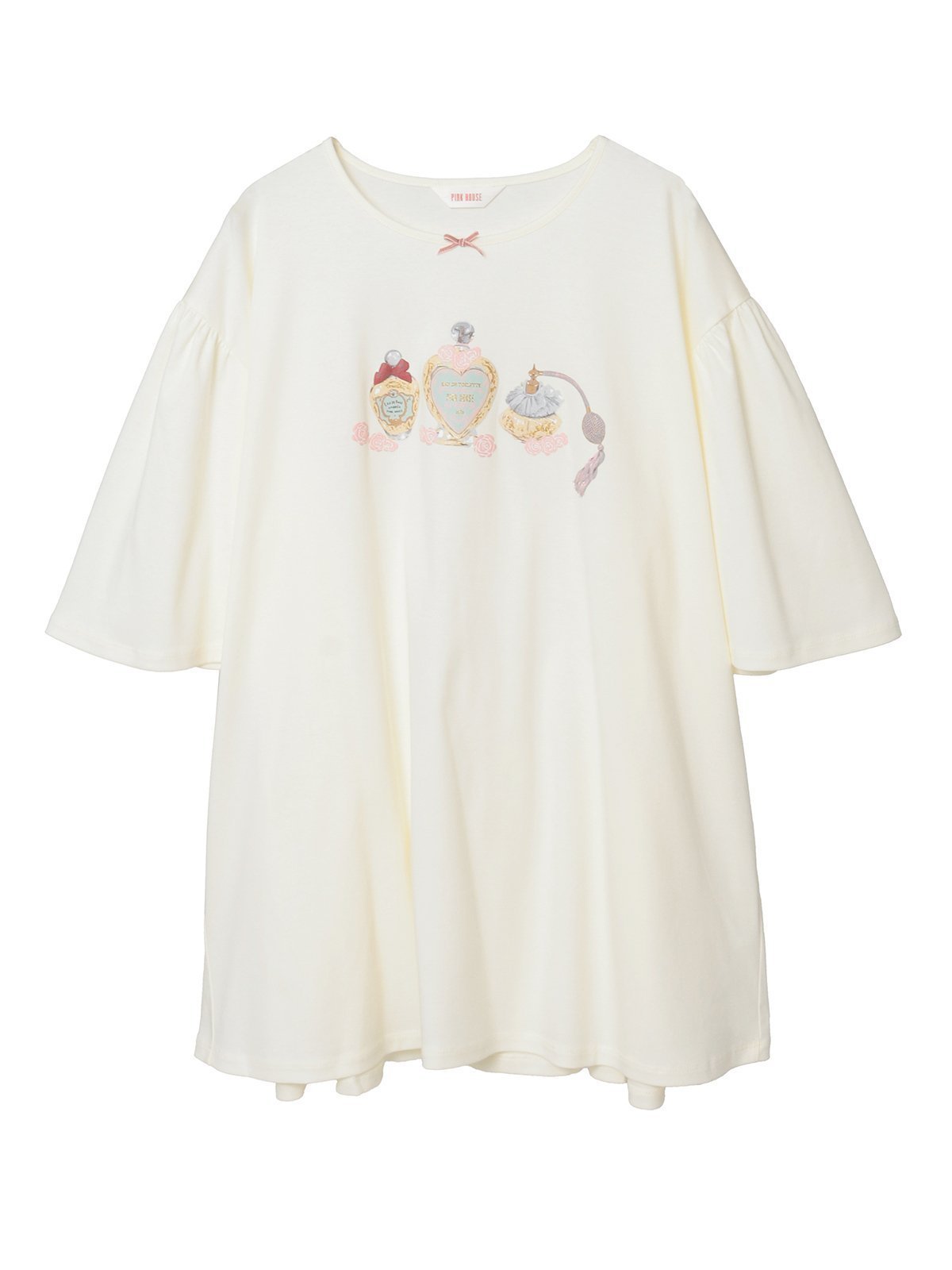 【ピンクハウス/PINK HOUSE】のパフュームプリントカットソーチュニック インテリア・キッズ・メンズ・レディースファッション・服の通販 founy(ファニー) 　ファッション　Fashion　レディースファッション　Fashion for Women　トップス・カットソー　Cut & Sew Tops　カットソー・ベーシックTシャツ　Cut-and-Sewn Tops / Stretch Tees & Basics　エレガント 上品　Elegant　シルケット　Silket, Silky Cotton　フロント　Front, Front Design　プリント　Print, Printed Pattern　ベロア　Velour, Soft Velvet　リボン　Ribbon, Bow　ローズ　Rose, Rose Motif　アイボリー|ID: prp329100004672516 ipo3291000000033774020