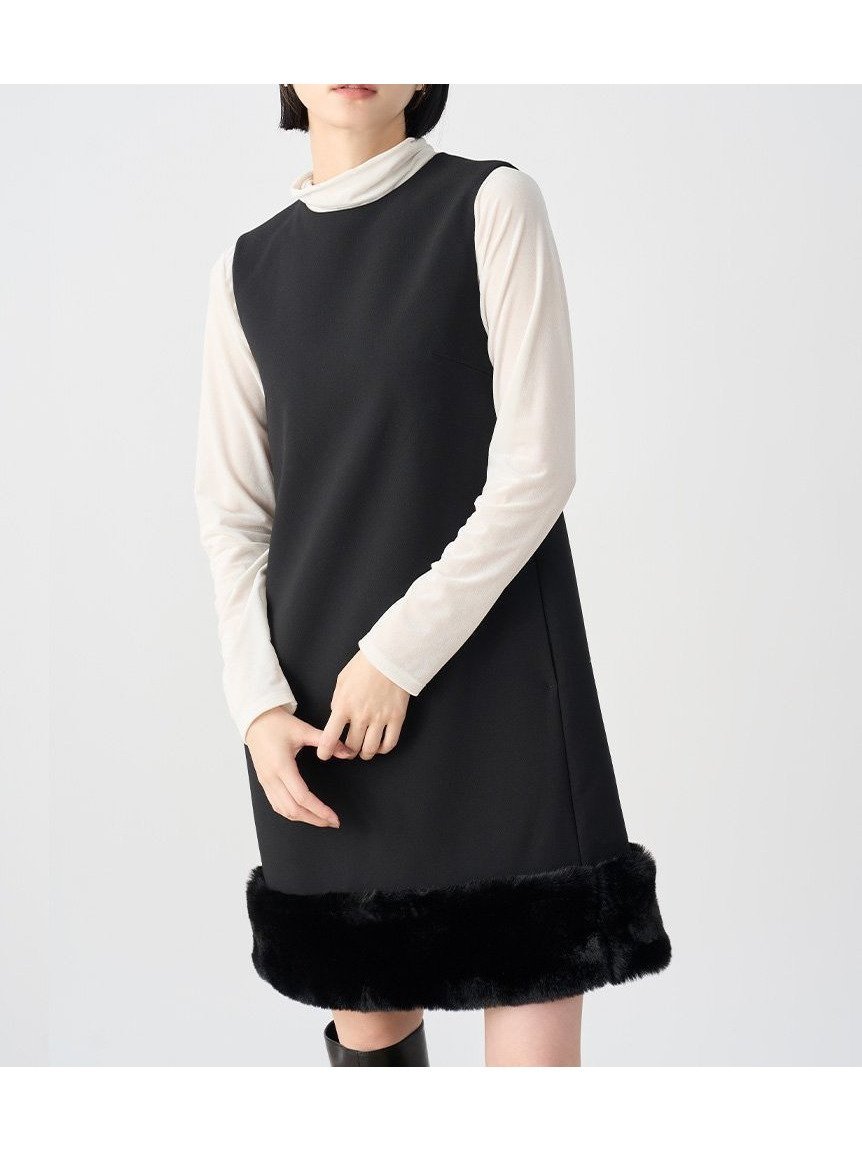 【セルフォード/CELFORD】の裾ファーミニワンピース インテリア・キッズ・メンズ・レディースファッション・服の通販 founy(ファニー) 　ファッション　Fashion　レディースファッション　Fashion for Women　ワンピース　Dresses　おすすめ　Recommended / Our Picks　カットソー　Cut and Sewn Top　スリット　Slit, Slit Detail　ポケット　Pocket, Pocket Detail　長袖　Long Sleeve, Full Sleeve　BLK[009]|ID: prp329100004672519 ipo3291000000033774030