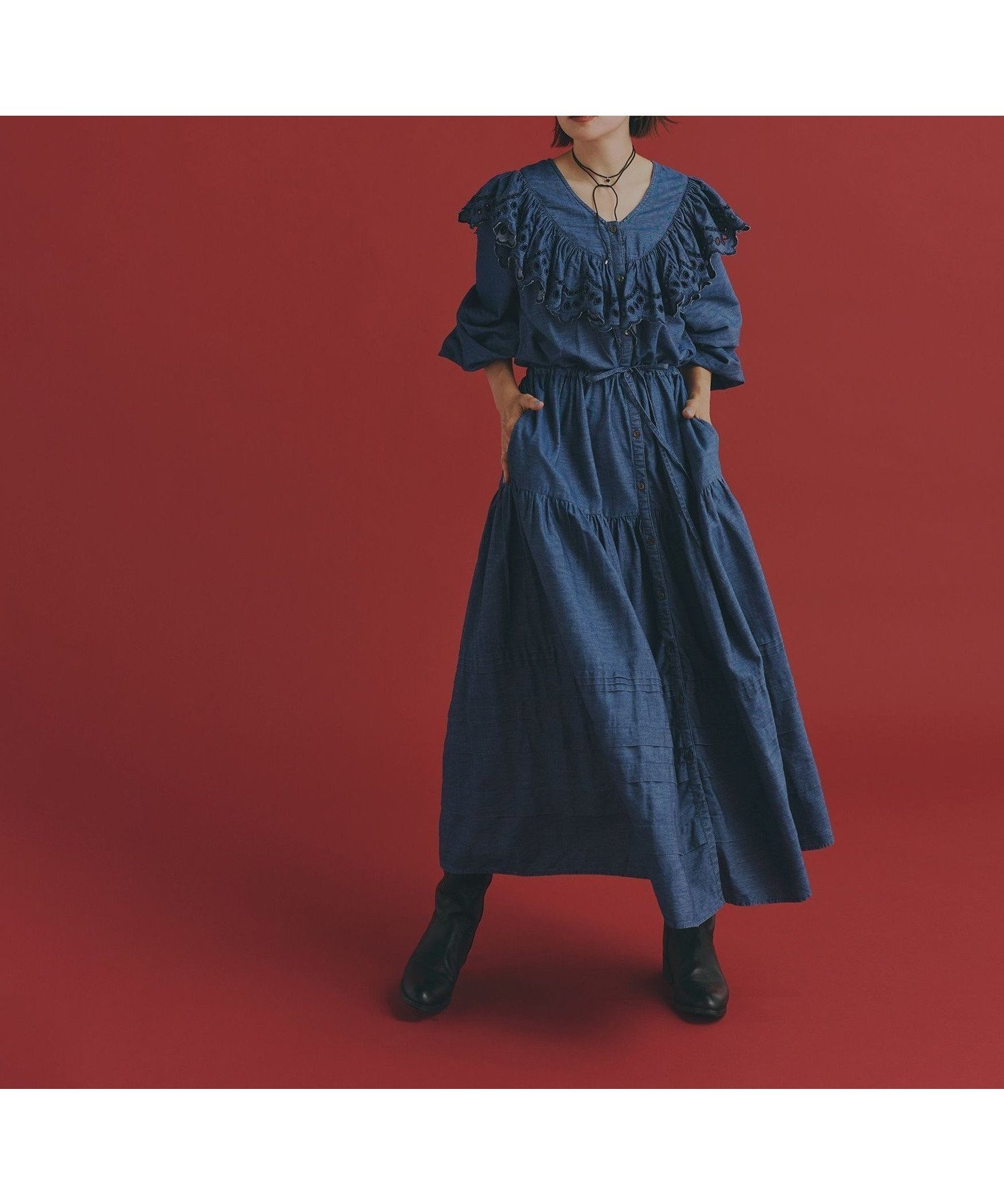 【コーエン/COEN】のMIYAKO TAKAYAMA フリルデニムワンピース 人気、トレンドファッション・服の通販 founy(ファニー) 　ファッション　Fashion　レディースファッション　Fashion for Women　ワンピース　Dresses　インナー　Innerwear　ガウン　Gown, Robe　コラボ　Collaboration, Collab　ジャケット　Jacket, Outerwear　スカラップ　Scallop, Scalloped Edge　スペシャル　Special, Limited Edition　タートルネック　Turtleneck, High Neck　ティアード　Tiered, Tiered Style　デニム　Denim, Jeans Material　人気　Popular, Best Seller　フリル　Frill, Ruffle　プリント　Print, Printed Pattern　ポケット　Pocket, Pocket Detail　ランニング　Running, Running Wear, Activewear, Jogging　旅行　Travel　 other-1|ID: prp329100004672704 ipo3291000000033953054